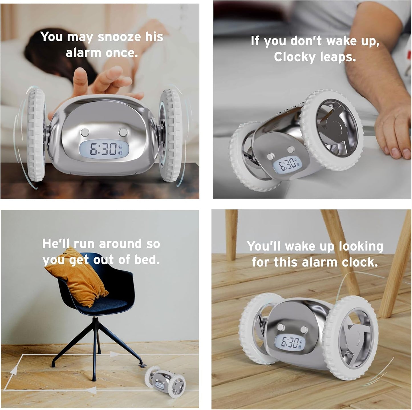 CLOCKY Extra Super Loud Alarm Clock for Heavy Sleepers Adults Kids Teens Bedroom, Move Jump Roll Run Away Easy to Set Smart Digital Alarm Clock Funny Gag Gift (Chrome)