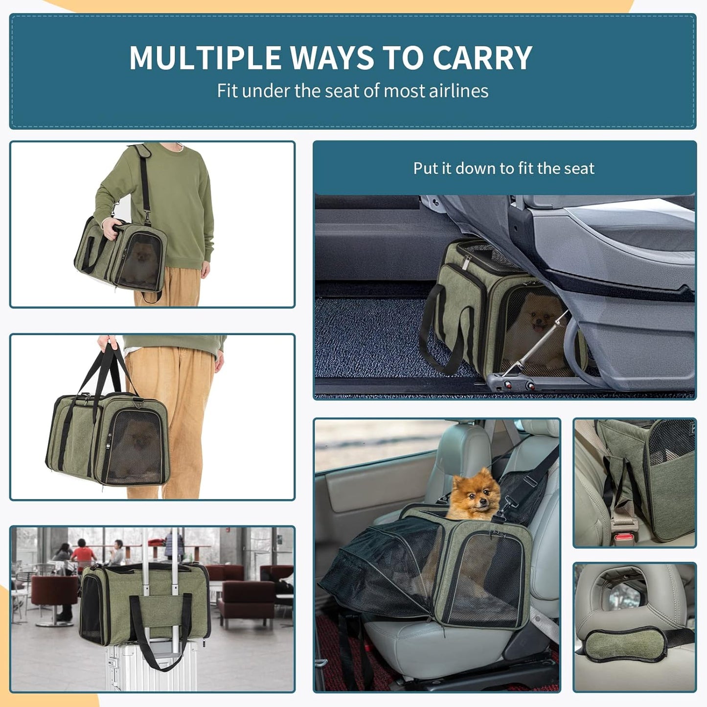 Petsfit Expandable Cat Dog Carrier Airline Approved, 17" L x 11" W x 11" H Soft-Sided Portable Pet Travel Carrier for Kitten, Puppy, Removable Soft Plush Mat and Pockets, Auto-Locking Zippers