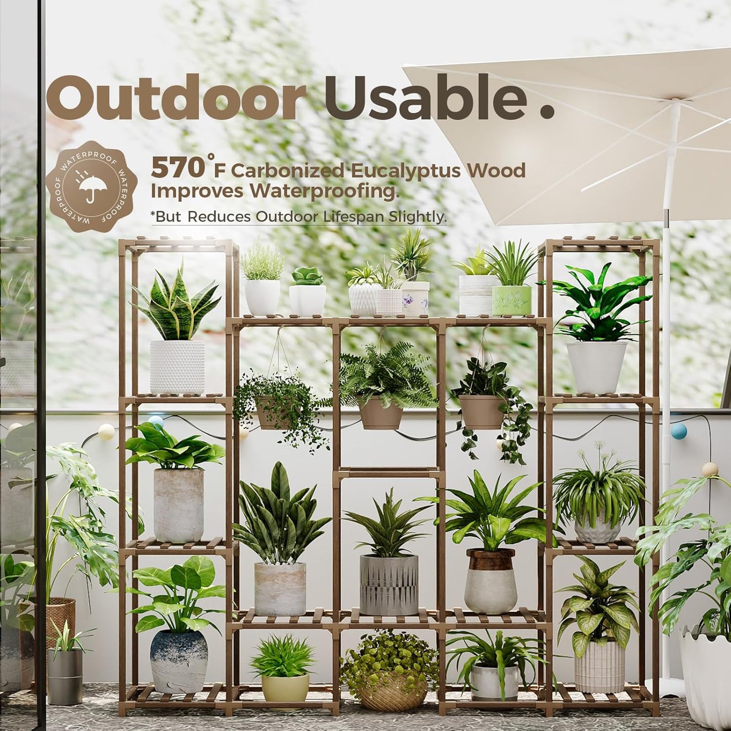 Bamworld Plant Stand Indoor Outdoor Hanging Plant Shelf for Multiple Plants Pots Wood Flower Stand Tall Large Flower Holder for Living Room, Patio, Balcony, Garden Decor, Brown
