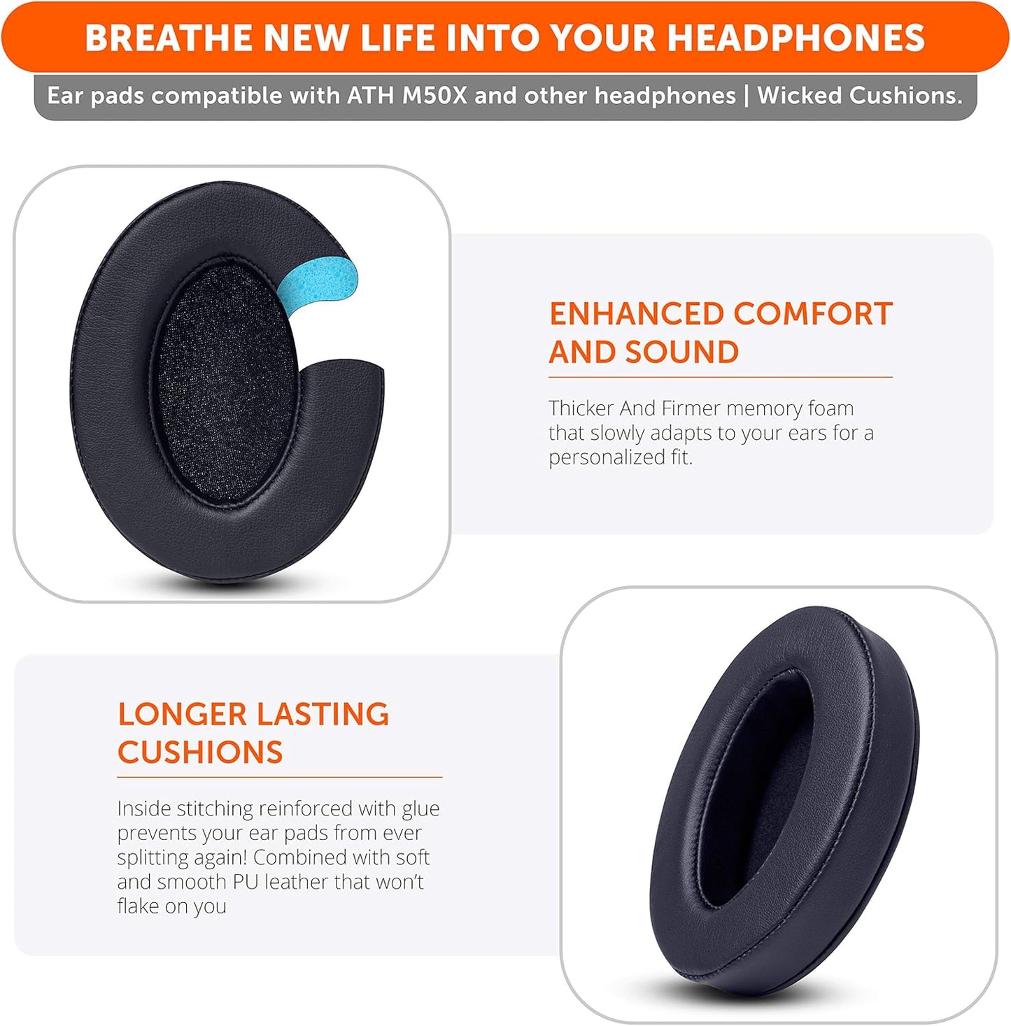 WC PadZ - The Ultimate Upgraded Earpads by Wicked Cushions - Compatible with Audio Technica, HyperX, SteelSeries Arctis & More - Extra Thick - Bigger Opening - Softer Memory Foam | (90s Black)