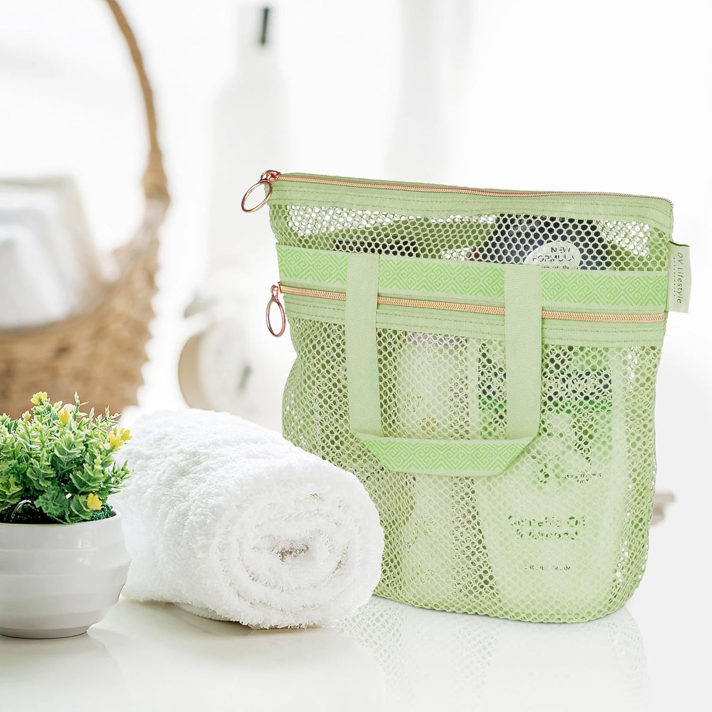Mesh Shower Caddy Portable 10.2x9.9'' Shower Bag with Zipper & 2 Pockets. Shower Tote Ideal for Gym, Travel, Camp, Beach, for Sunscreen, Dorm & College Essentials (Black)