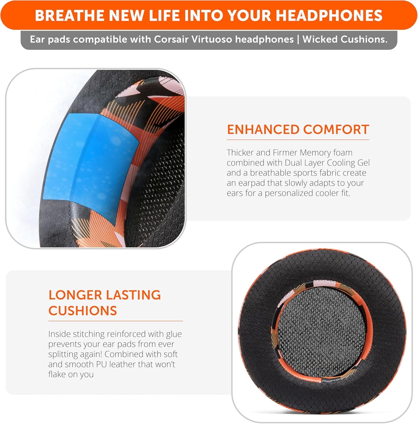 WC Freeze Virtuoso - Hybrid Fabric Cooling Gel Replacement Earpads for Corsair Virtuoso Gaming Headset, Made by Wicked Cushions, Improved Durability, Thickness and Sound Isolation |90s Black