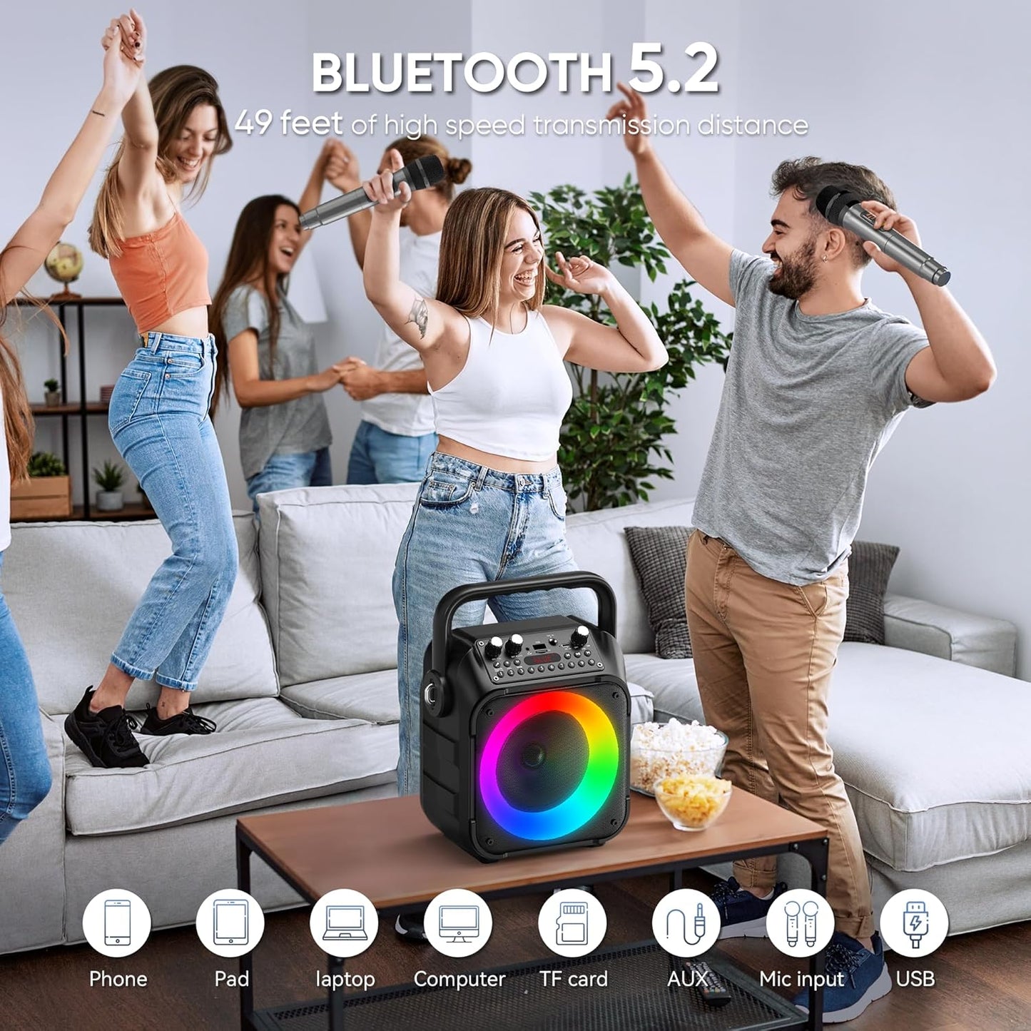 Karaoke Machine, Portable Bluetooth PA Speaker with 2 Wireless Microphones for Adults & Kids with Lights, Karaoke Microphone with PA System Supports USB/TF/REC/FM/AUX for Home Party(Black)