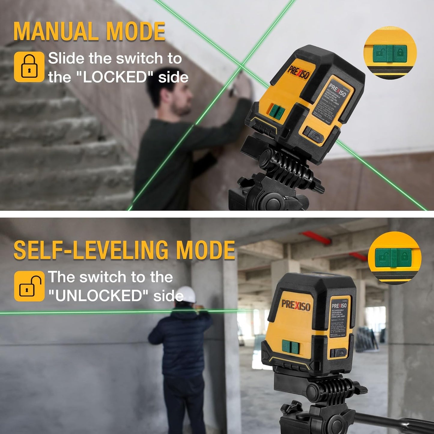 PREXISO Laser Level Self Leveling, 100 Ft Rechargeable & Selectable Green Cross Line Laser Level for Construction, Floor Tile, Home Renovation with Magnetic Pivoting Base, Target Plate & Portable Bag