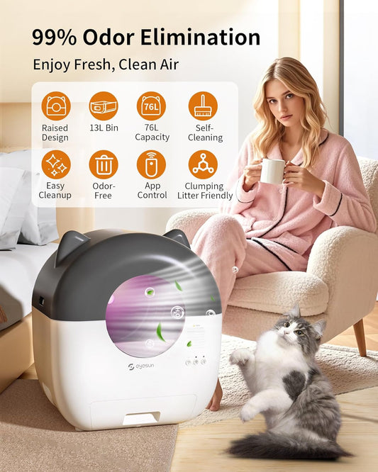 Self Cleaning Litter Box,76L Automatic Cat Litter Box Self Cleaning with APP Control,Low Noise,Safety Protection,Roll Garbage Bags,Deodorizer and Cleaning Brush for Multiple Cats - PuriLite