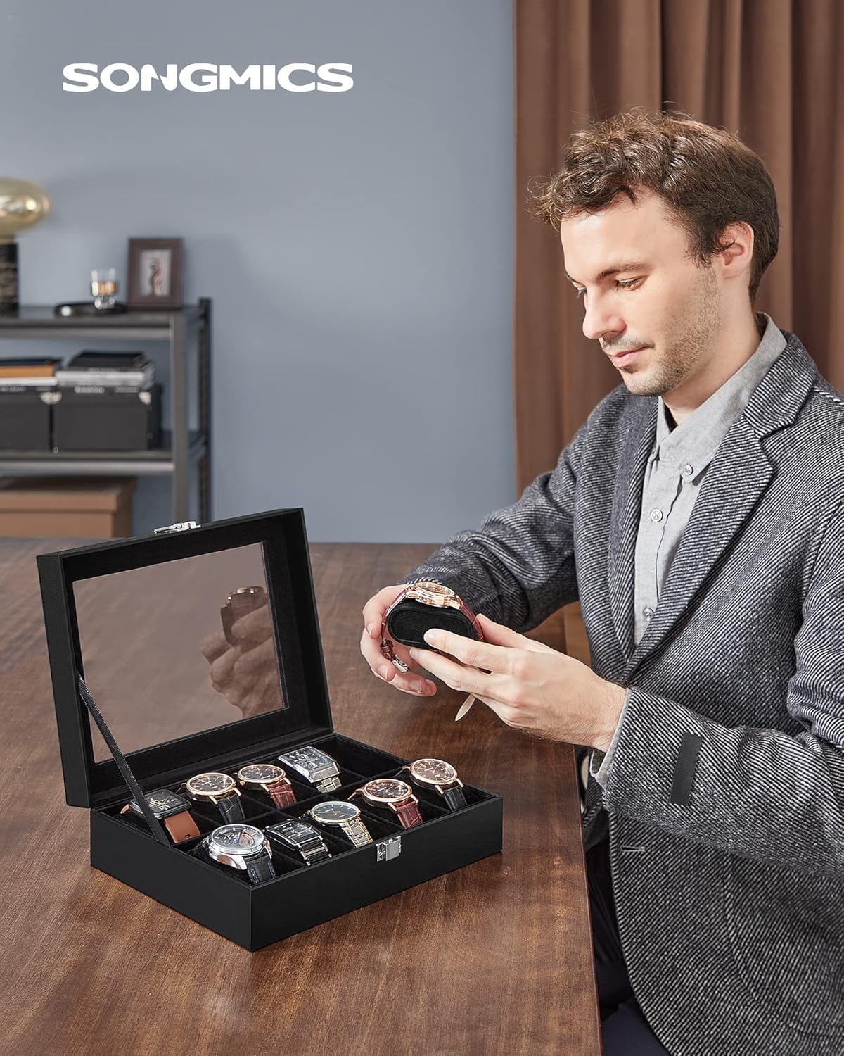 SONGMICS Watch Box, 6-Slot Watch Case, Watch Box Organizer, Black Synthetic Leather, Greenish Gray Lining UJWB06BK