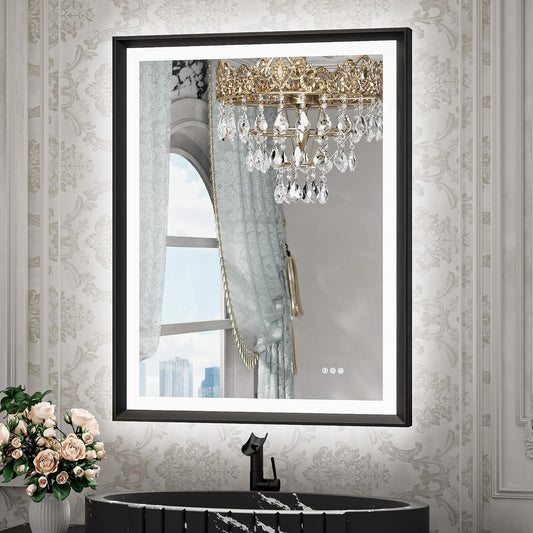 TETOTE 28x36 LED Mirror for Bathroom Black Metal Frame Frontlit & Backlit Lighted Vanity Mirror Baroque Gothic Anti Fog Stepless Dimmable White/Warm/Natural,Wall Mounted(Horizontal/Vertical)