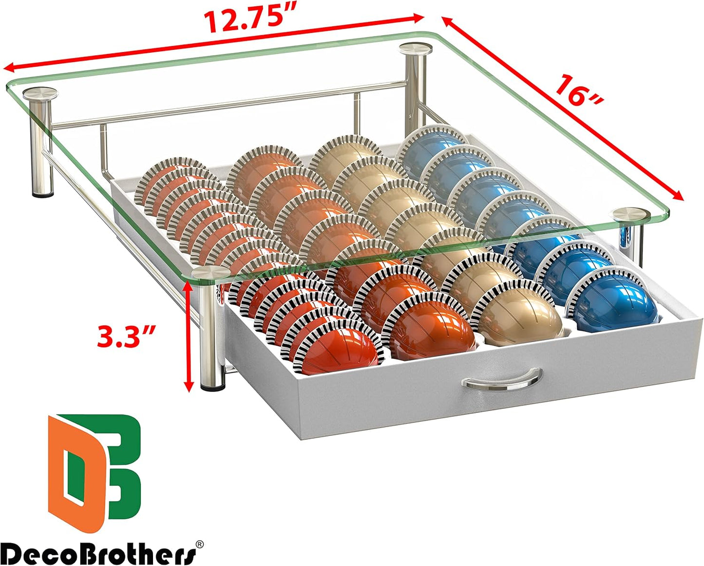 DecoBrothers Vertuo Pod Holder VertuoLine Drawer Storage for Nespresso Coffee Capsules, Crystal Tempered Glass, White
