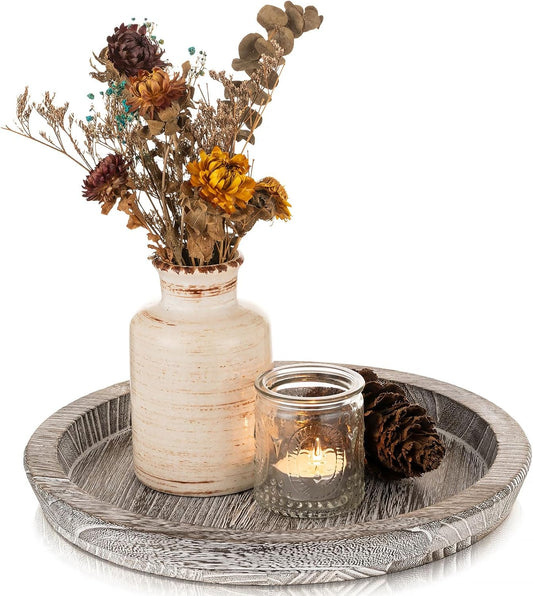 Romadedi Rustic Wooden Tray Candle Holder - Small Decorative Plate Pillar Candle Tray Wood for Farmhouse Dinning Table Kitchen Countertop Coffee Table Organizer Home Decor, Washedwhite,11inch