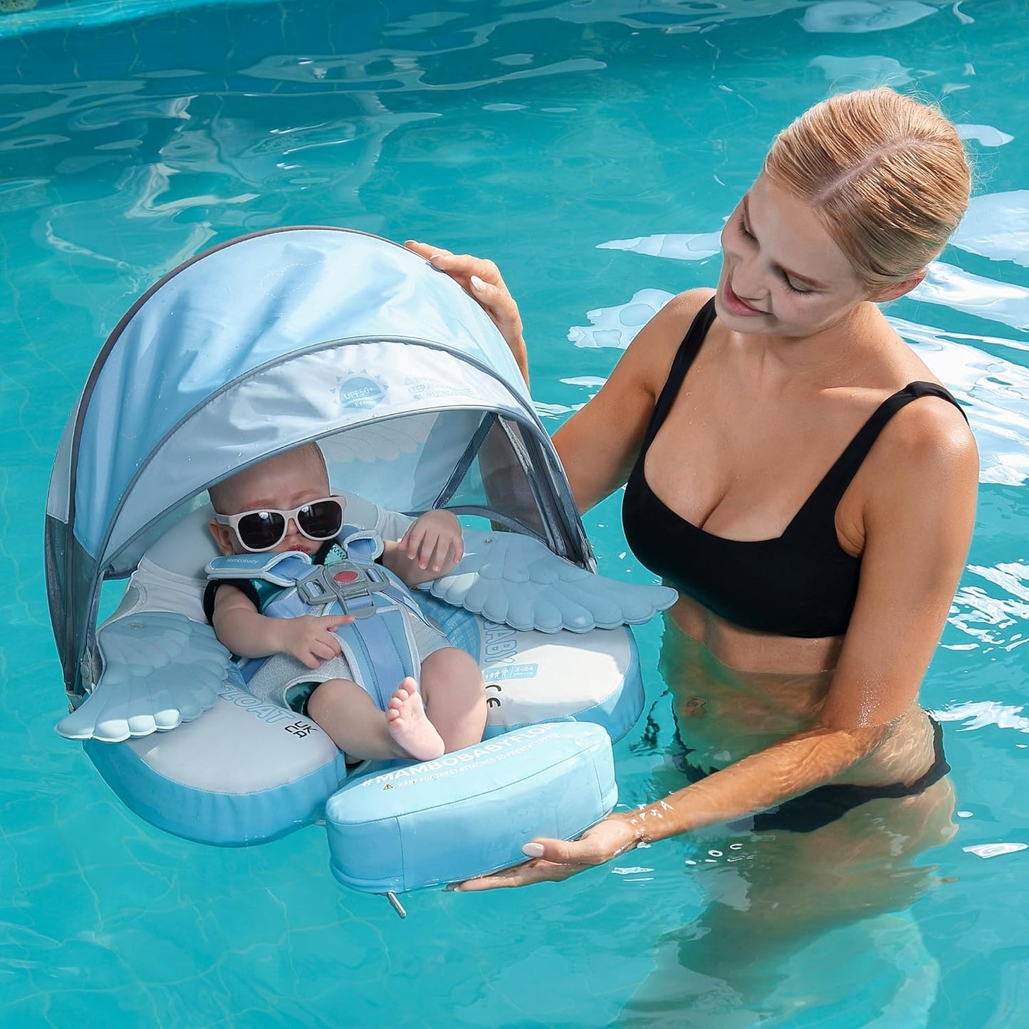 Mambobaby Baby Swim Float with Canopy, Non-Inflatable Solid Baby Float, Upgrade Soft Skin-Friendly Material Infant Swim Float