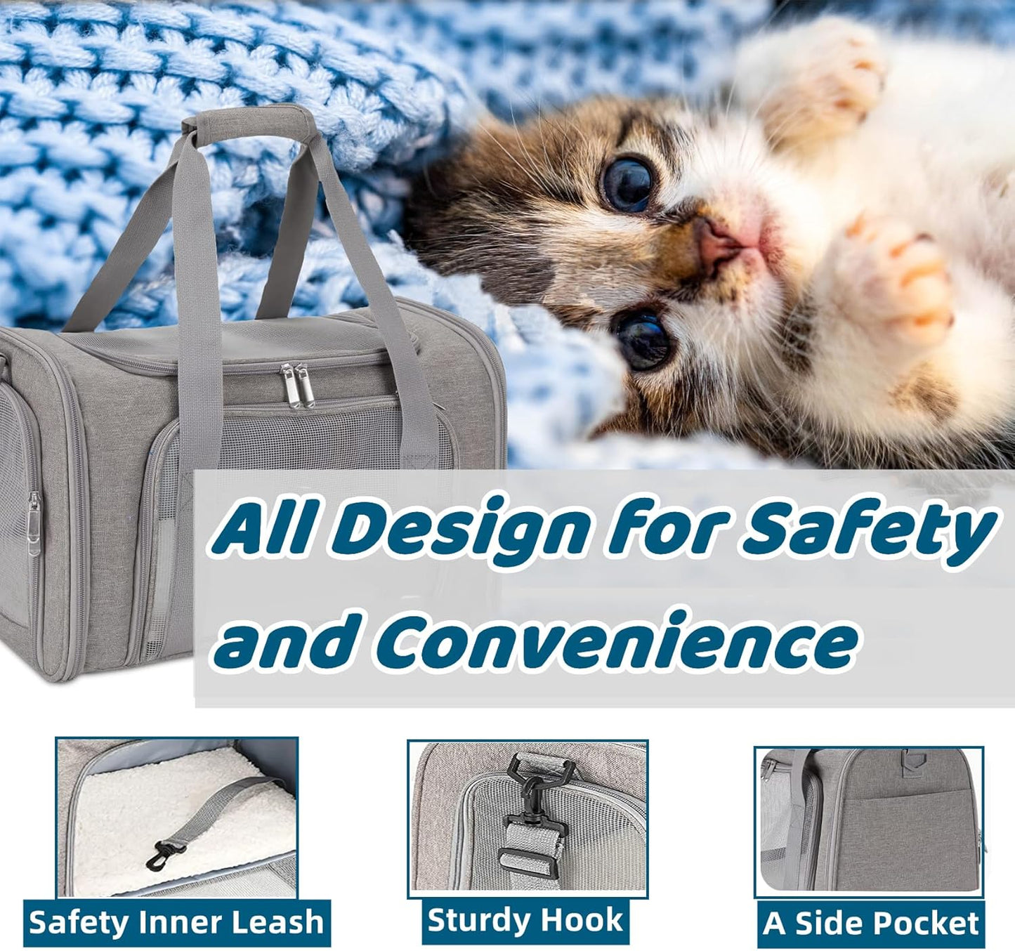 ORYEDA Cat Carrier Bag, Dog Travel Carriers, Airline Approved Soft-Sided Pet Carrier for Small Medium Cats and Small Dogs, Portable Carrier with 4 Open Doors and 3 Mesh Windows, Grey, Collapsible