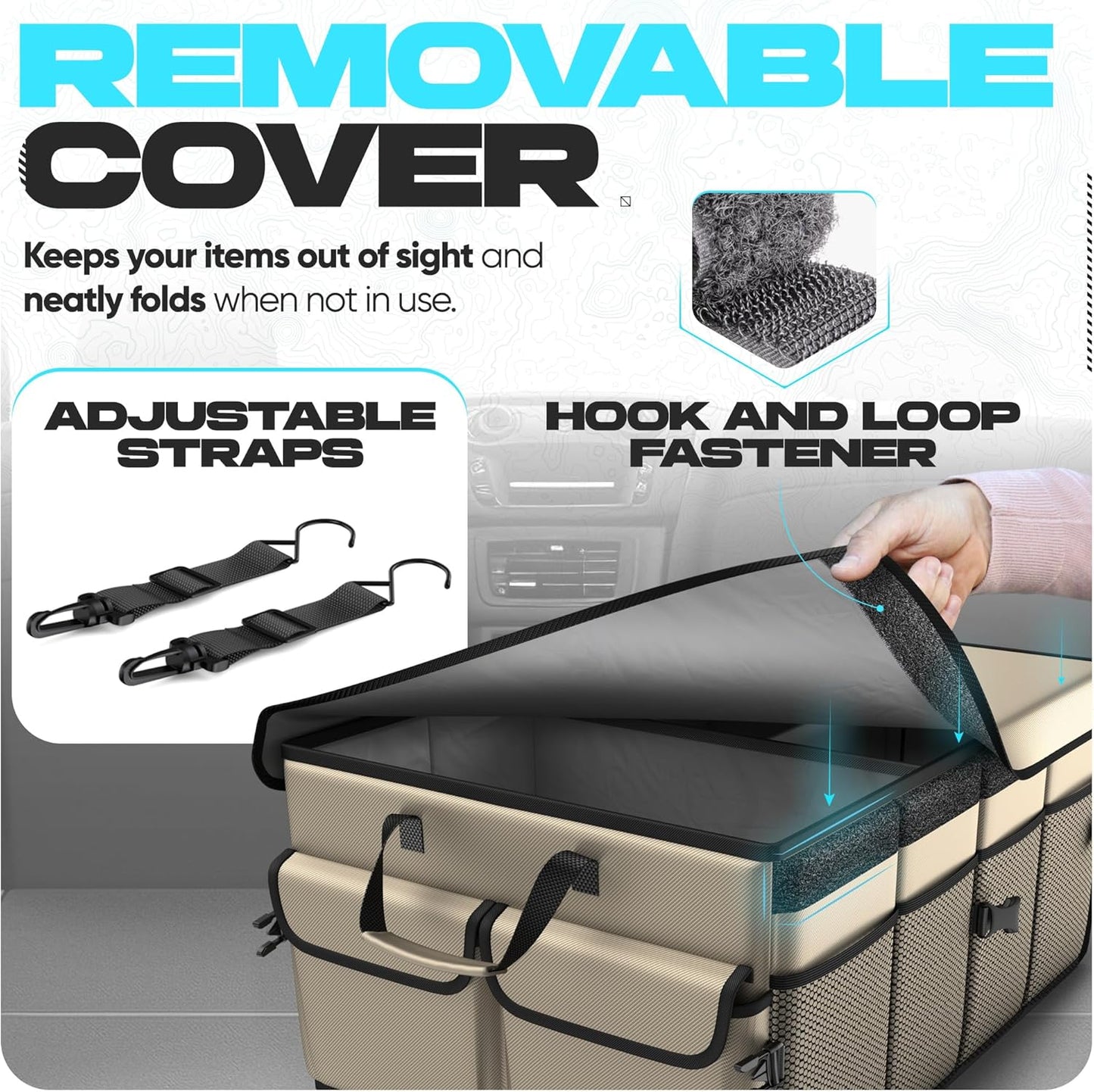 FORTEM Car Trunk Organizer, Collapsible Multi Compartment Car Organizer, Foldable SUV Storage for Car Accessories for Women Men, Non Slip Bottom, Securing Straps, Soft Cover 50L (Black, Standard)