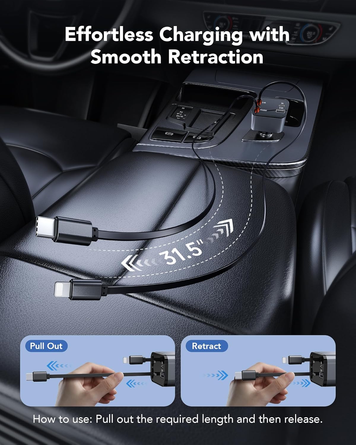 69W Retractable Car Charger, 4-in-1 Fast Car Phone Charger with 2.6ft Two Retractable Cables and USB C+USB A Car Charger Block Cube, Compatible with iPhone 16 15 14 13 12 Pro Max Plus,Galaxy,Pixel