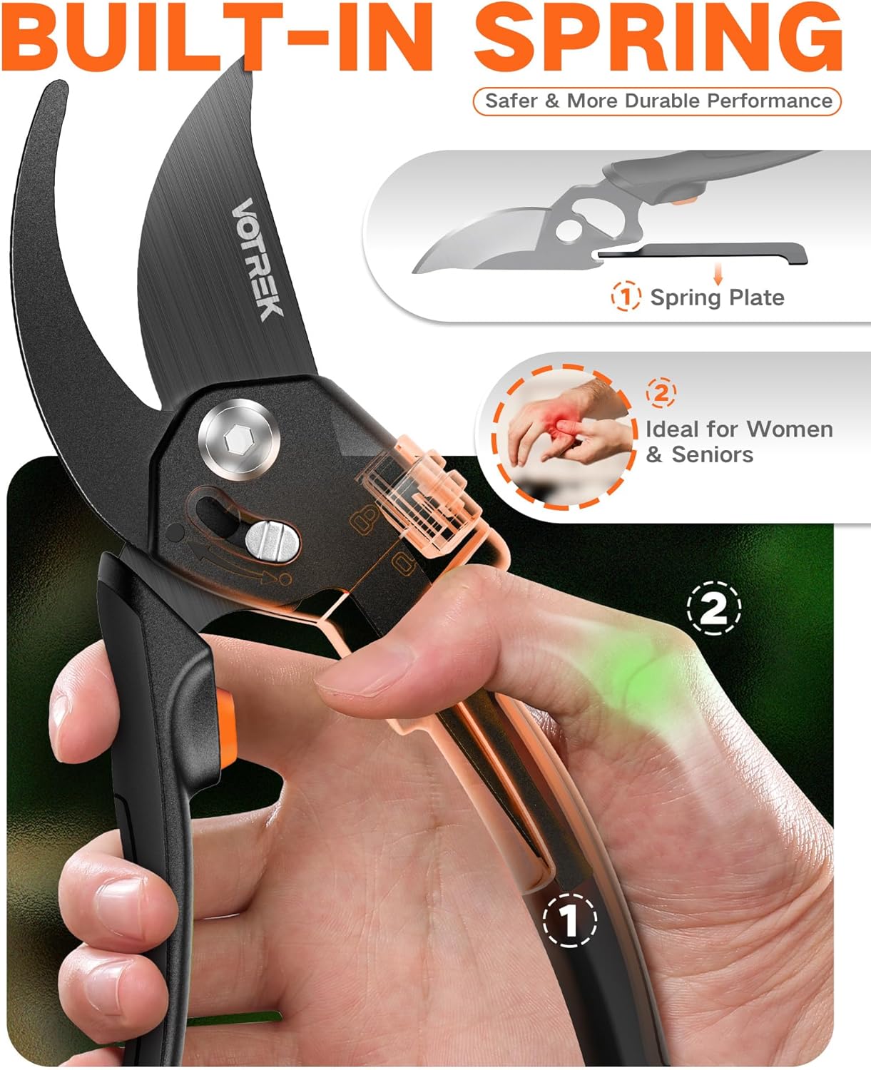 VOTREK Pruning Shears - 8.5" Heavy Duty Bypass Pruners for Gardening with Built-in Spring & SK5 Steel Blades - Ergonomic Adjustable Handle for All Hand Sizes, Garden Clipper Plant Scissors for Branch