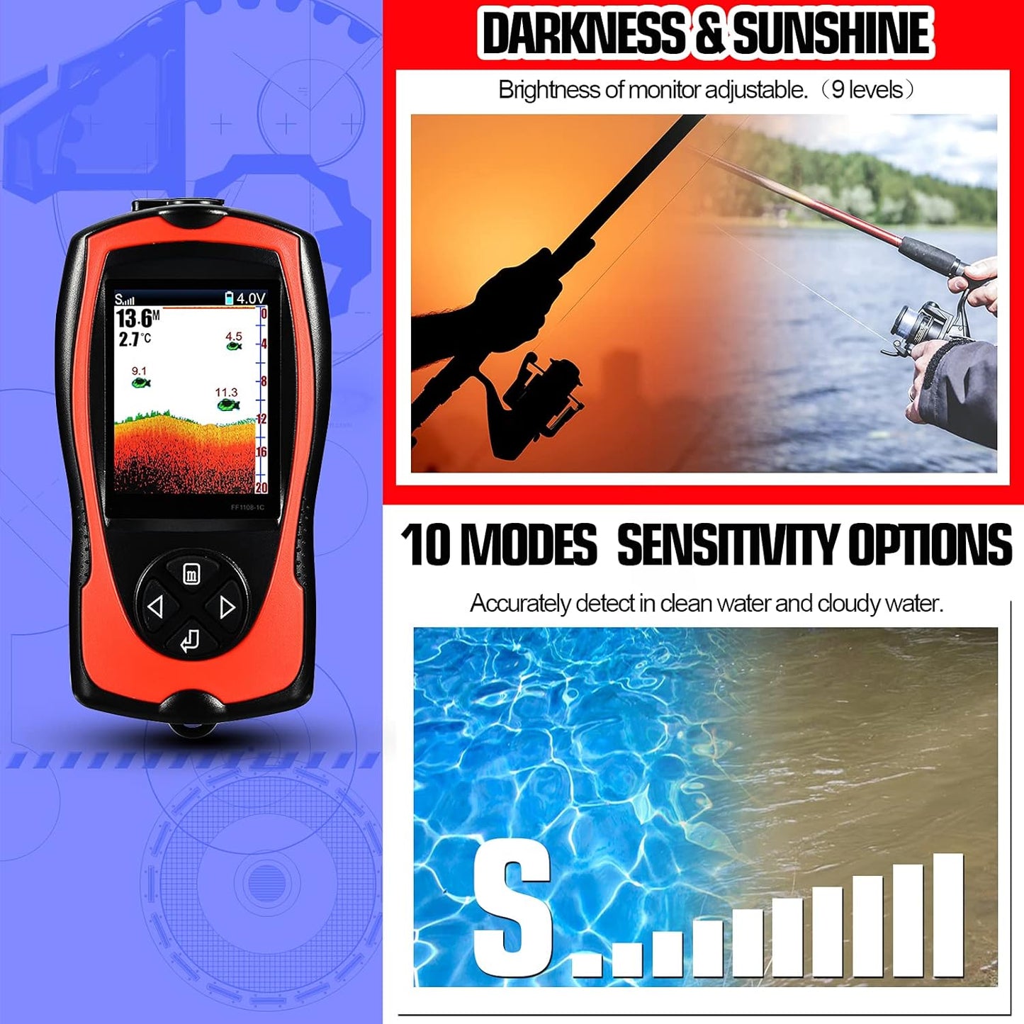 Atibin Handheld Wired Fish Finder Kayak Portable Display Depth Finder Boat Sonar Fish Finders Transducer Sensor LCD Screen