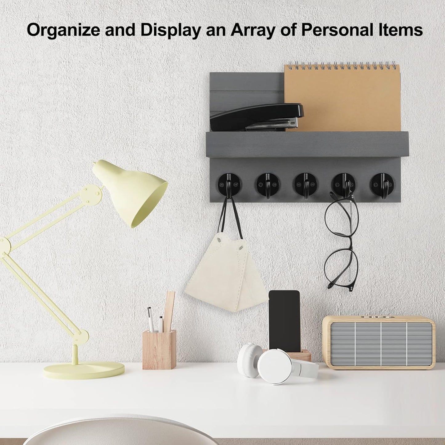 Lwenki Key Holder for Wall, Decorative Key and Mail Holder with Shelf Has Large Key Hooks for Bags, Coats, Umbrella – Paulownia Wood Key Hanger with Mounting Hardware (Black)