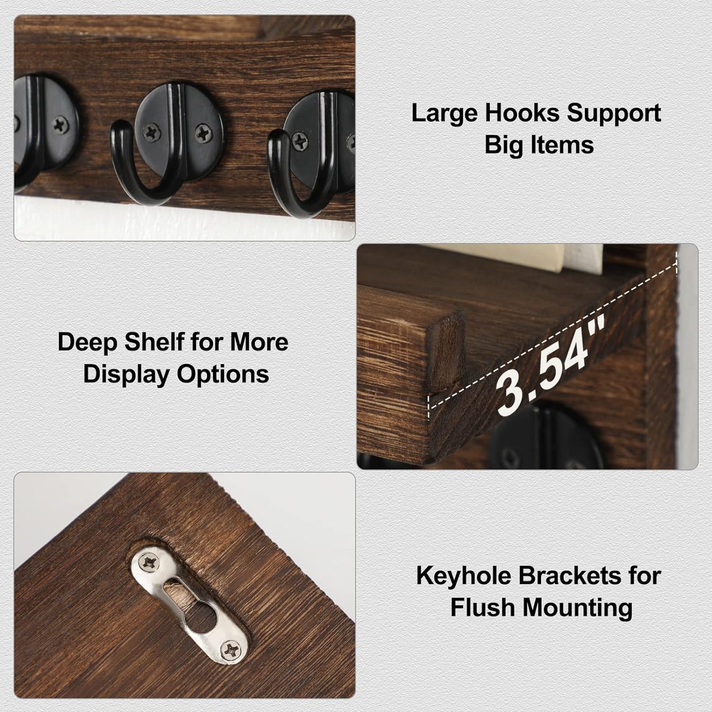 Lwenki Key Holder for Wall, Decorative Key and Mail Holder with Shelf Has Large Key Hooks for Bags, Coats, Umbrella – Paulownia Wood Key Hanger with Mounting Hardware (Black)