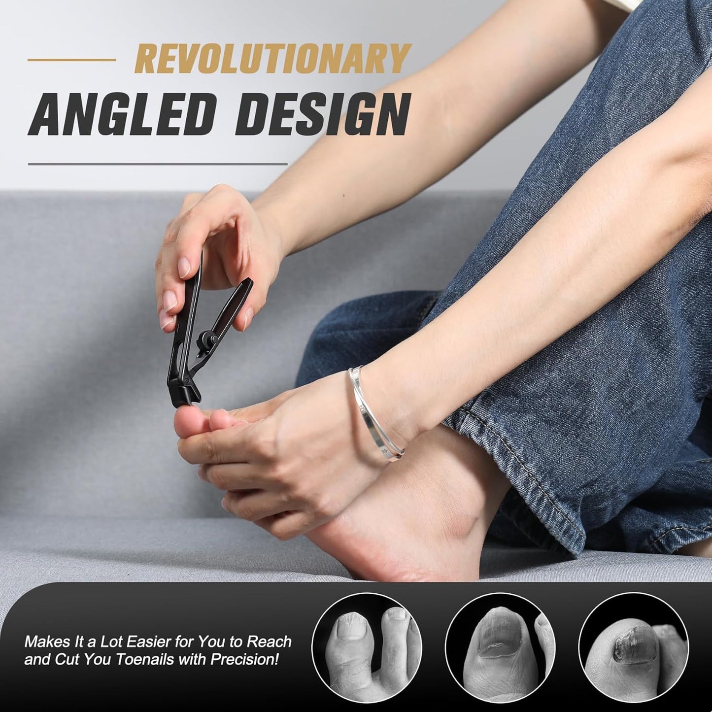 FERYES Angled Head Long Handled Toenail Clipper for Seniors - Large Wide Jaw Nail Clipper with Catcher for Thick Nails - Easier Trimming, Ergonomic Design (Black)