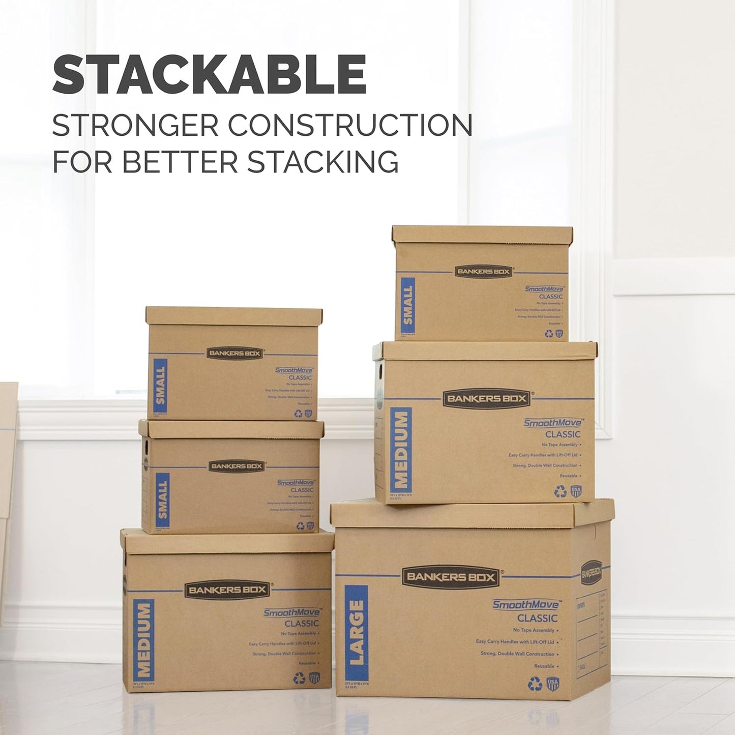 Bankers Box SmoothMove Classic Moving Kit Boxes, Tape-Free Assembly, Easy Carry Handles, 8 Small 4 Medium, 12 Pack(7716403)