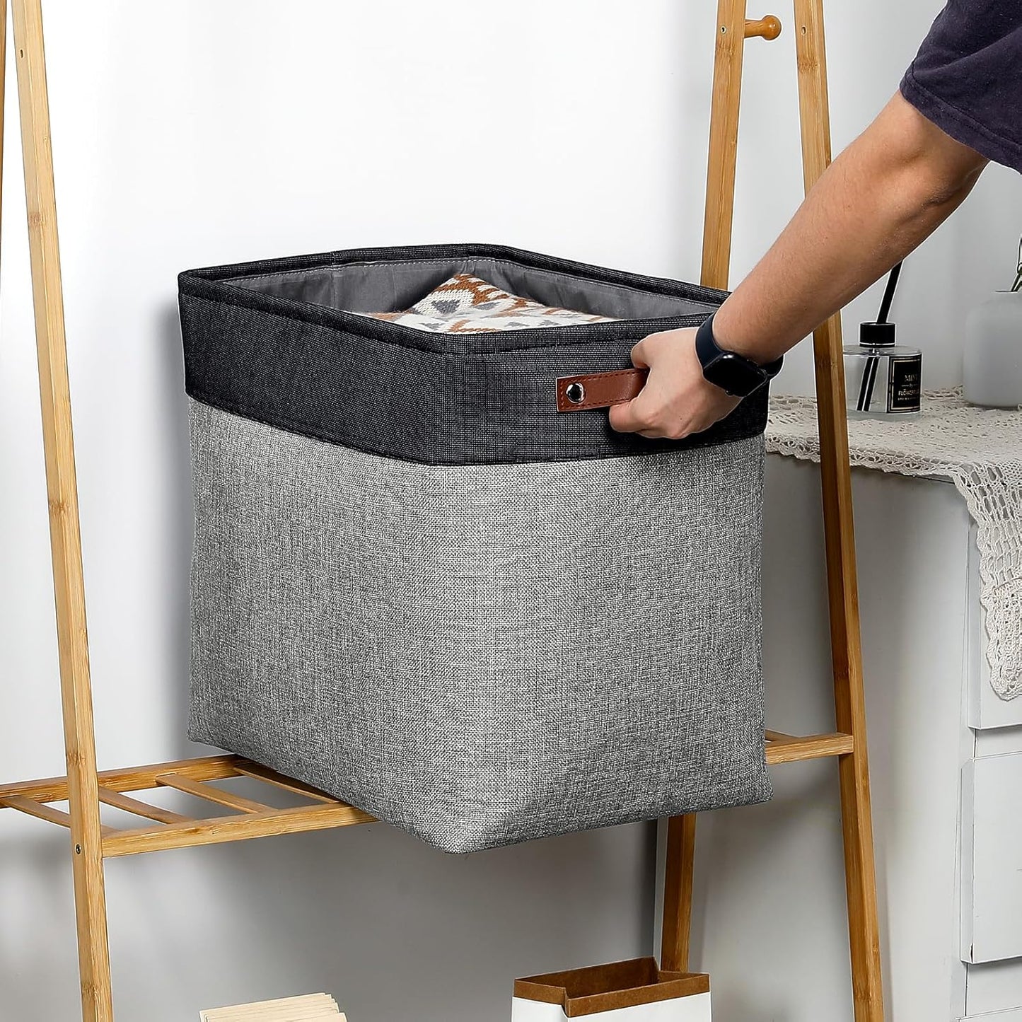 DULLEMELO Storage Baskets for Shelves, Fabric Collapsible Rectangular Storage Bins for Shelves, Closets, Nursery, Home, Office, Empty Gift Baskets (White&Teal)