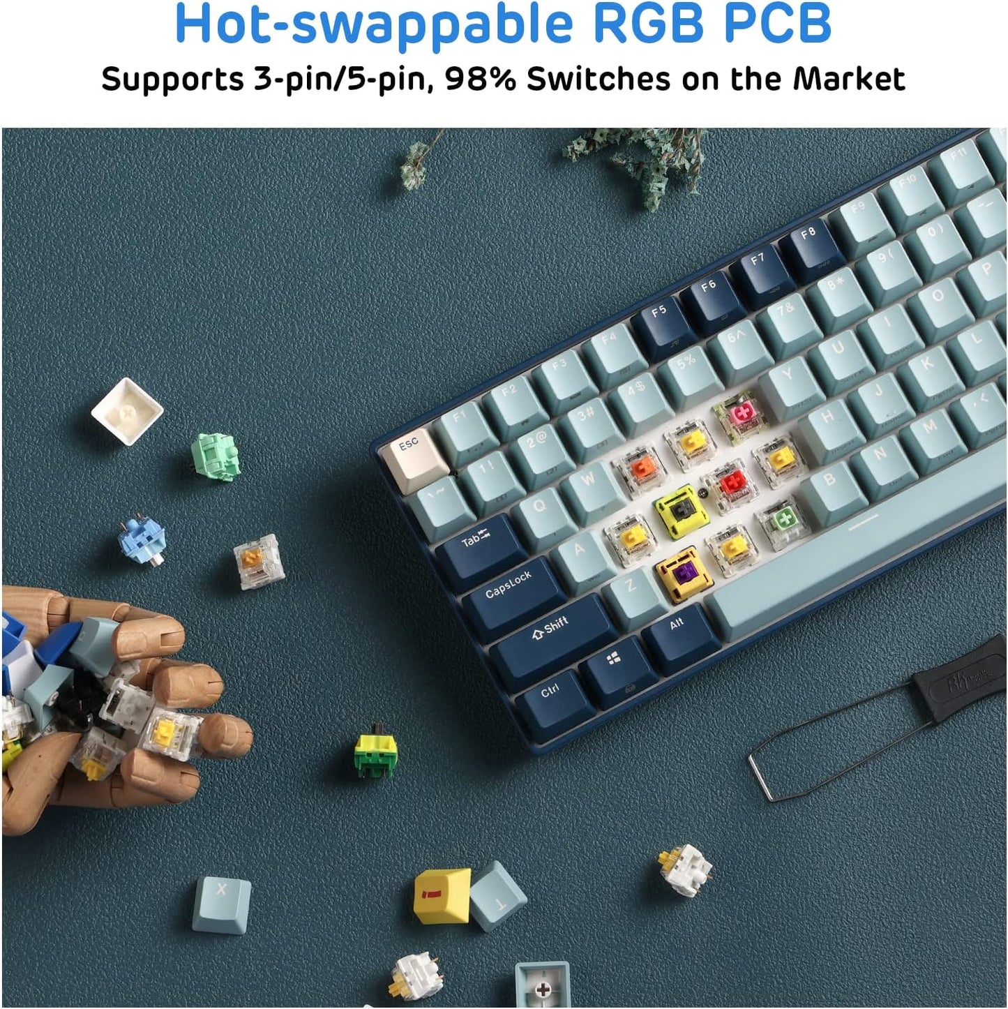 RK ROYAL KLUDGE RK96 RGB Limited Ed, 90% 96 Keys Wireless Triple Mode Bluetooth 5.0/2.4G/USB-C Hot Swappable Mechanical Keyboard w/Software Support & Massive Battery, RK Yellow Switch, Forest Blue