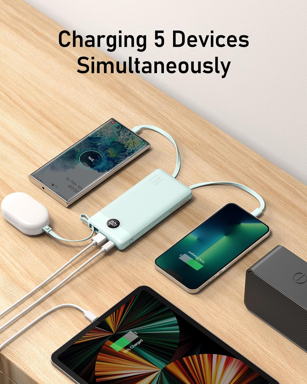 VEEKTOMX Power Bank with Built-in Cables 10000mAh Portable Charger for iPhone Slim Fast Charge USB C Battery Pack Travel Essentials Powerbank Compatible with iPhone, Samsung, Android, etc
