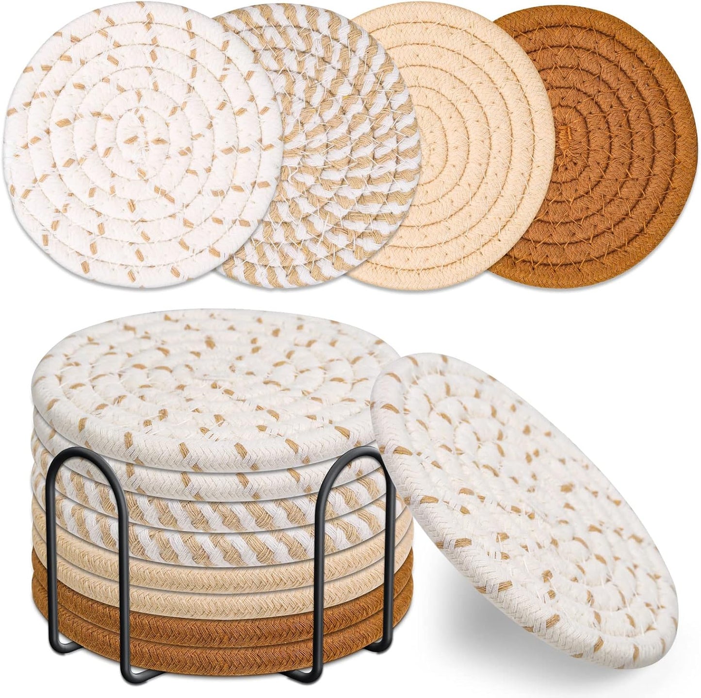 Mckanti Drink Coasters Set of 8, 4 Colors Absorbent Cotton Woven Round Coasters for Living Room Decor, Tabletop Protection Suitable for Kinds of Cups, 4.3 Inches