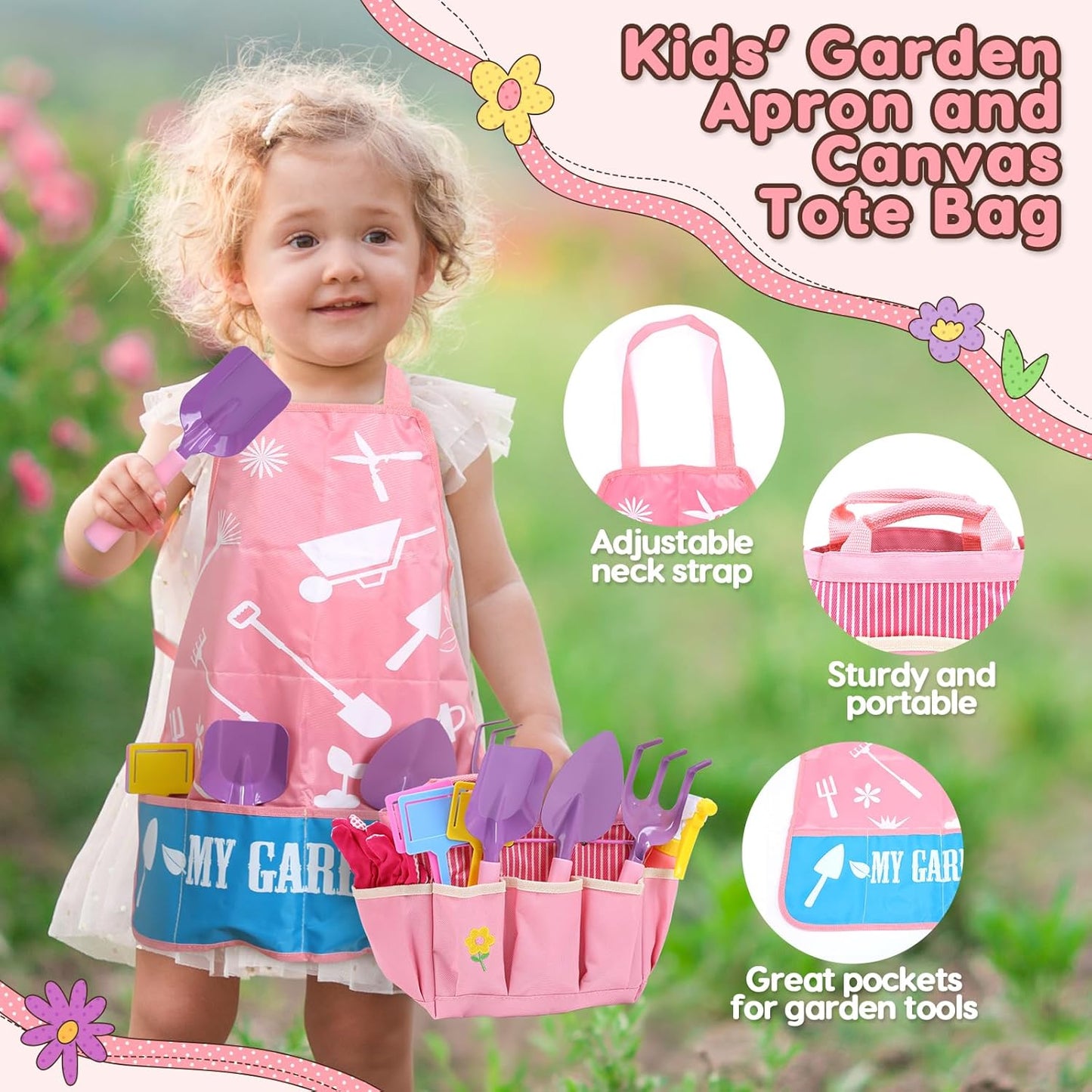 CUTE STONE Pink Kids Gardening Tool Set, Garden Toys W/ Shovel, Rake, Trowel, Apron W/Pockets, Garden Tote Bag, Watering Can, DIY Stickers, Outdoor Backyard Digging Gift Toys for Boys Girls