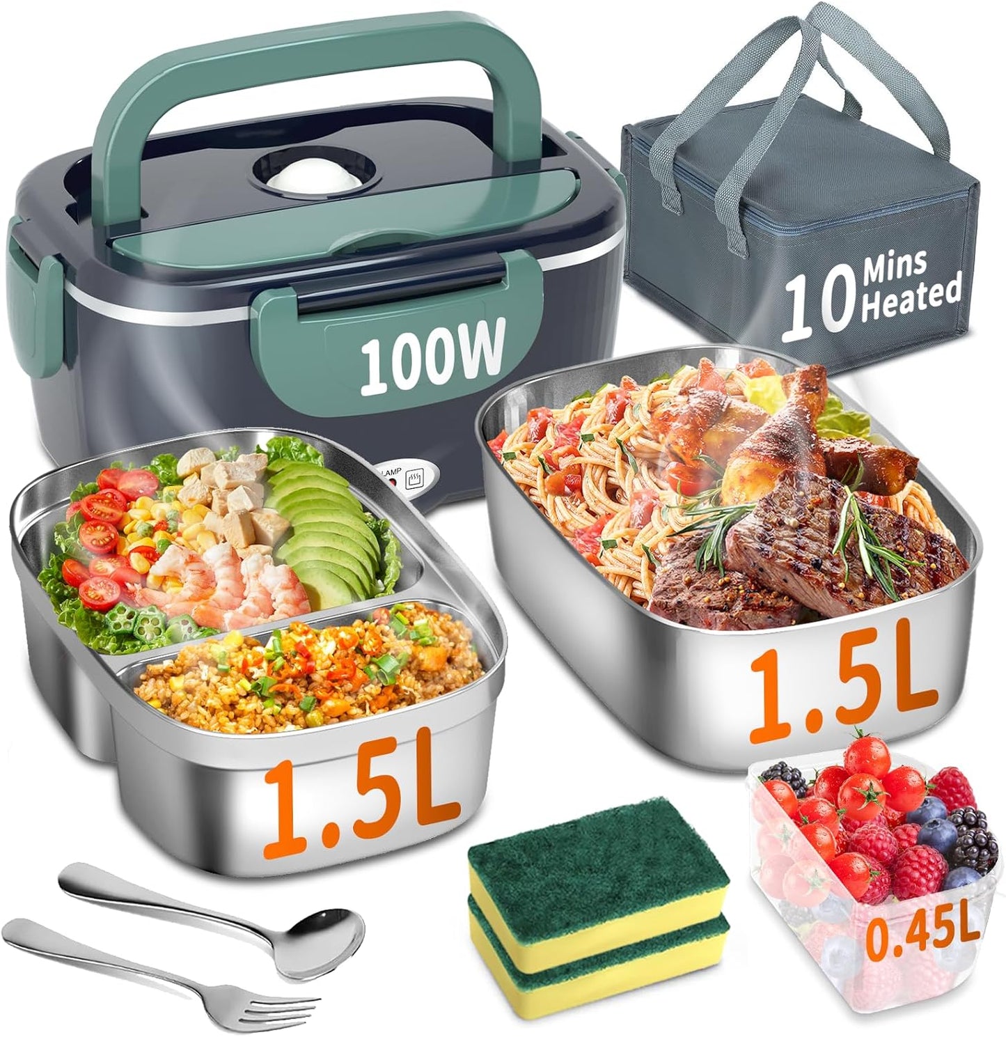 Electric Heated Lunch Box 100W - 3-in-1 Fast Heating Lunch Boxes Portable Food Heater for Adults,12V/24V/110V 1.5L Lunch Box with Leak-Proof Lid for Car Truck Office (3 Times Faster)