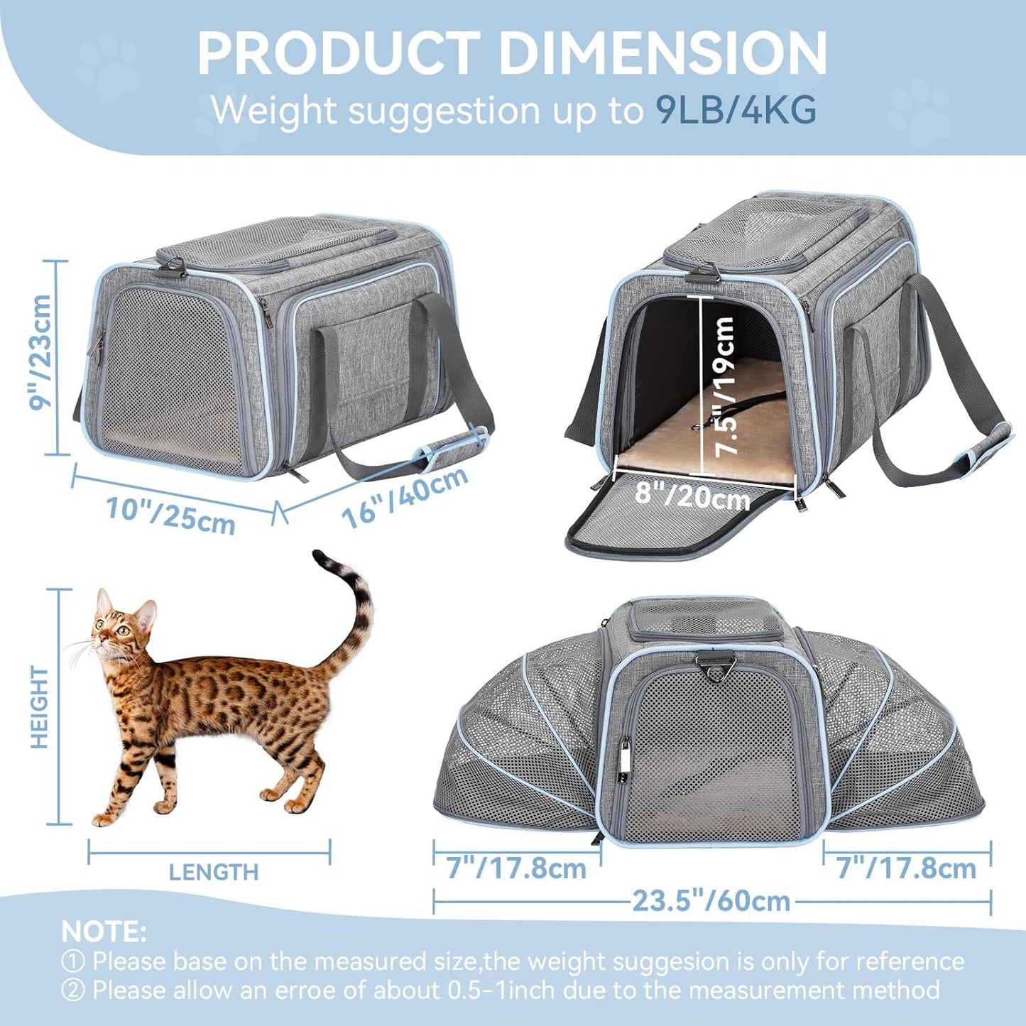 Petsfit Expandable Cat Dog Carrier Airline Approved, 17" L x 11" W x 11" H Soft-Sided Portable Pet Travel Carrier for Kitten, Puppy, Removable Soft Plush Mat and Pockets, Auto-Locking Zippers