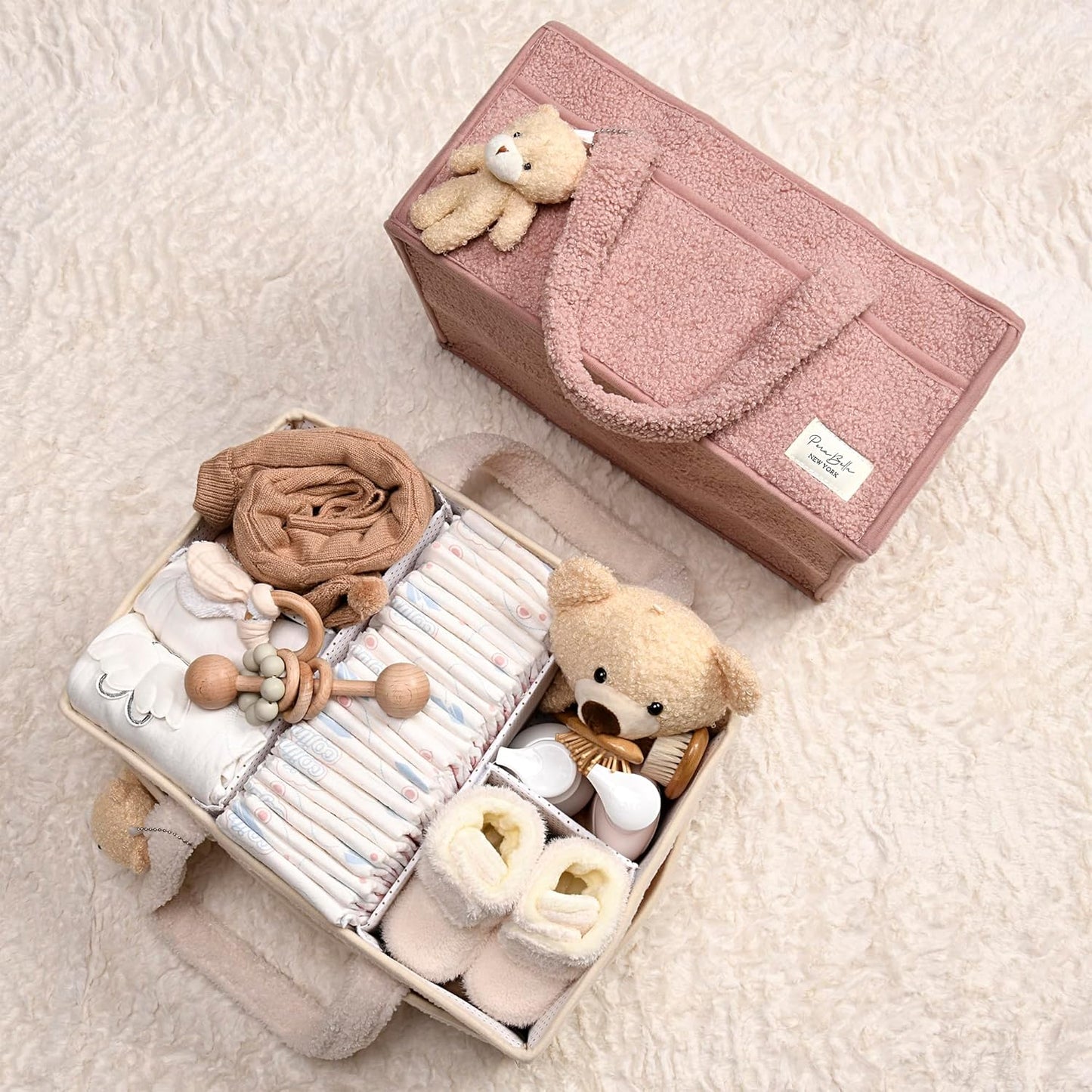 PeraBella Baby Diaper Caddy Organizer, Baby Organizers and Storage for Changing Table, Babies Shower Gift Basket for Boy &Girl, Nursery Essentials Car Caddy Organizer with Handle, White Diaper Basket