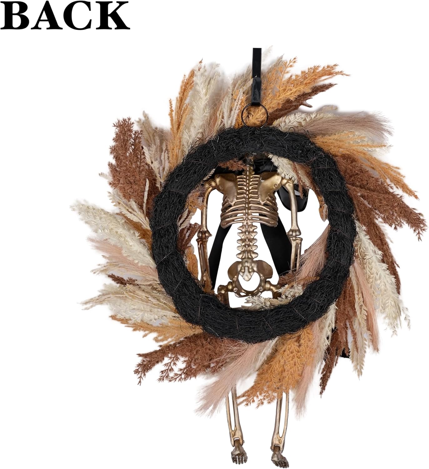 FLOROAD 24" Halloween Wreath for Front Door with Gold Skull Skeleton, Black Bow, Artificial Wheat and Pampas Grass - Fall Halloween Holiday Scary Gothic Decoration for Home Door Wall