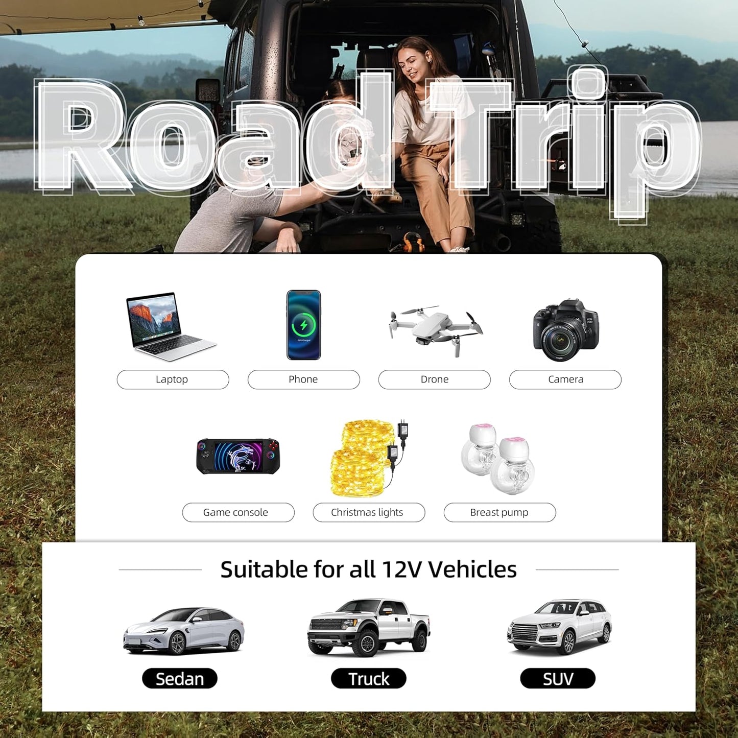 SUNWHEEL 500W Power Inverter DC 12V to 110V AC Car Inverter with 2 x 3.1A USB Ports and Dual AC Outlet, Equipped with 1 Cigarette Lighter and 2 Battery Clamps for Road Trip and Camping