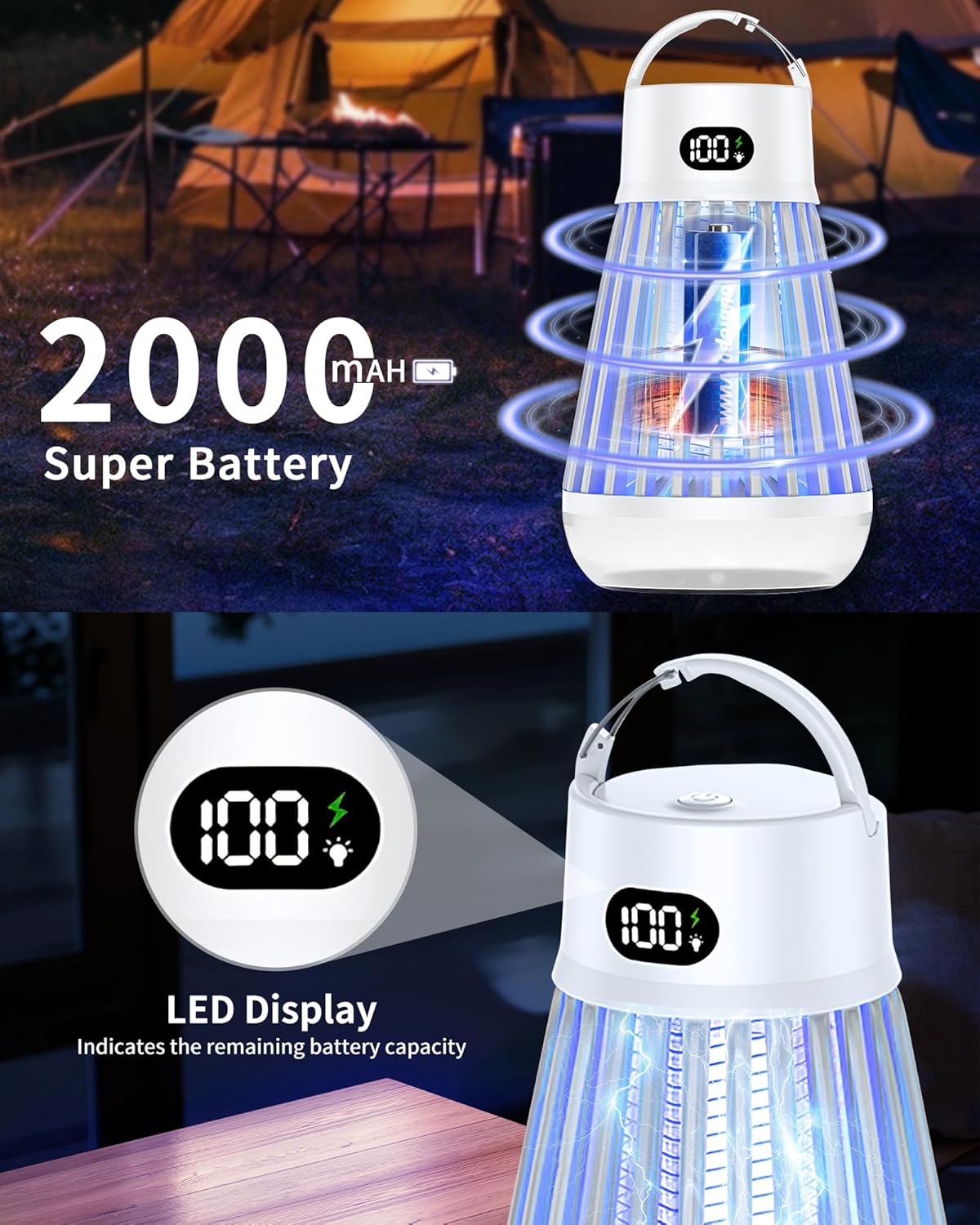 Eachway Bug Zapper Outdoor, 2 in 1 Powered Mosquito Zappers Killer with 2000mAh Battery & LED Light, 2000V Electric Fly Zapper, Waterproof Insect Zapper for Backyard, Patio (Black)