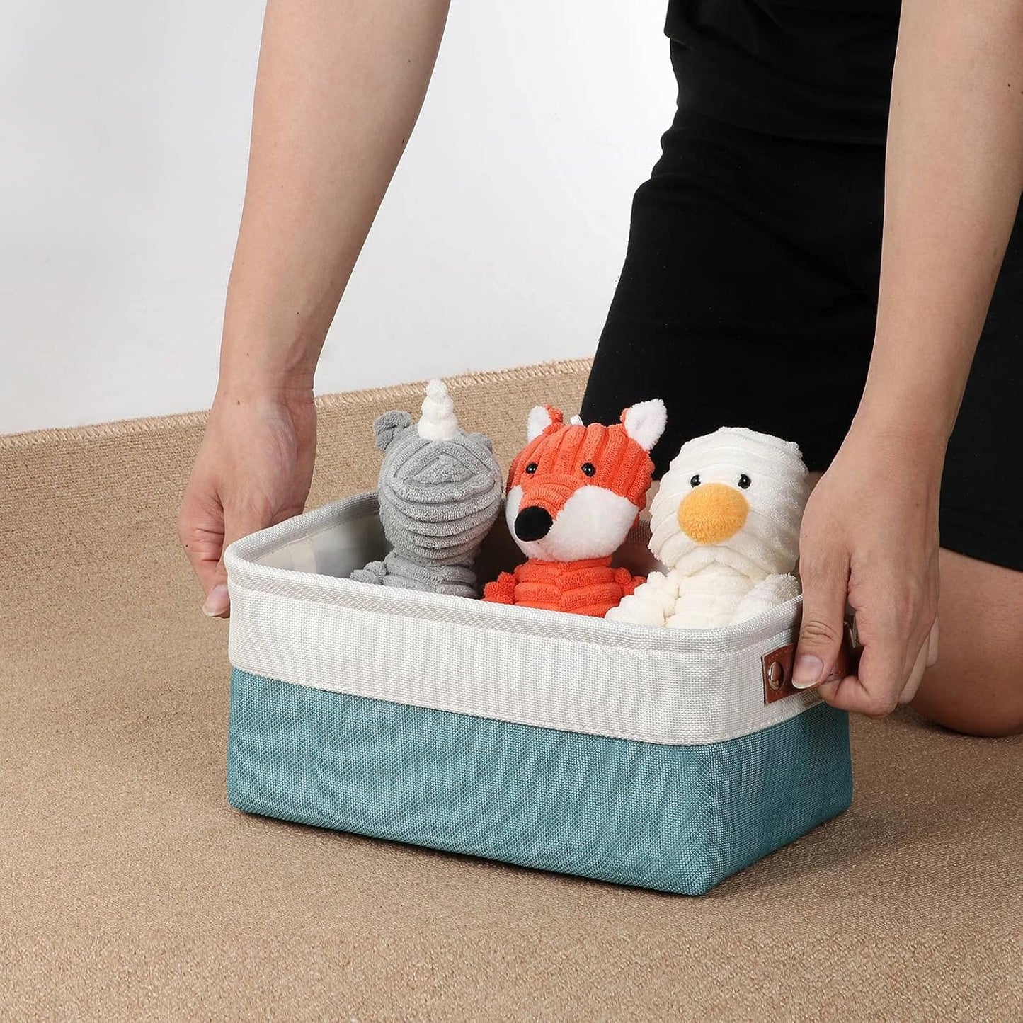 DULLEMELO Storage Baskets for Shelves, Fabric Collapsible Rectangular Storage Bins for Shelves, Closets, Nursery, Home, Office, Empty Gift Baskets (White&Teal)