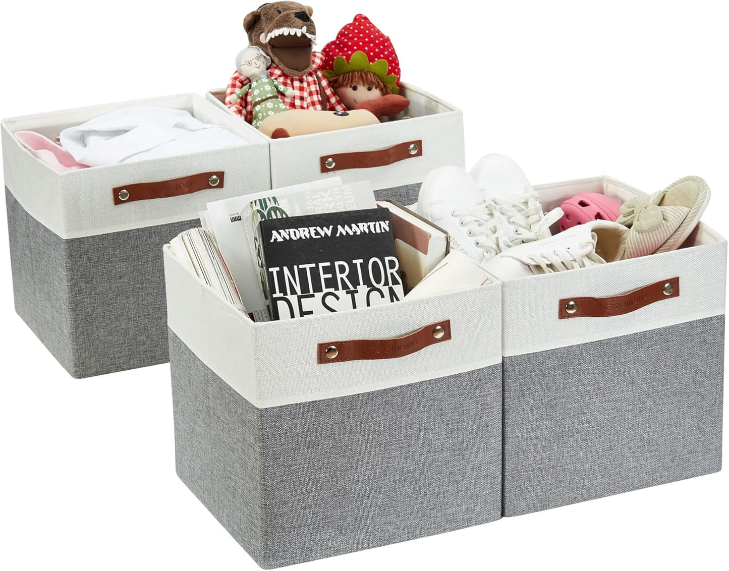 DECOMOMO Fabric Cube Storage Bin - Storage Baskets for Shelves, Kallax (Grey & White, 13 inch Cube) - 4 Pack