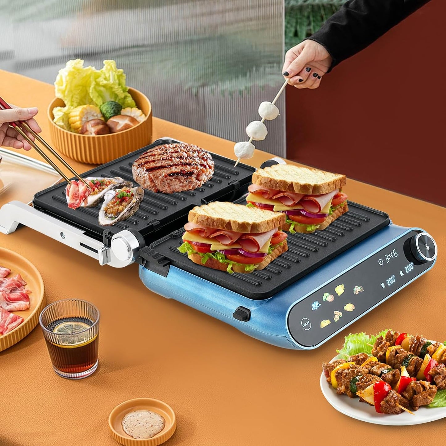 COSTWAY Panini Press, 1200W Sandwich Maker with LED Touch Panel, Non-Stick Coated Plates & Removable Drip Tray, 180 Degrees with 7 Grilling Modes for any Thickness for Quesadillas, Burgers & More