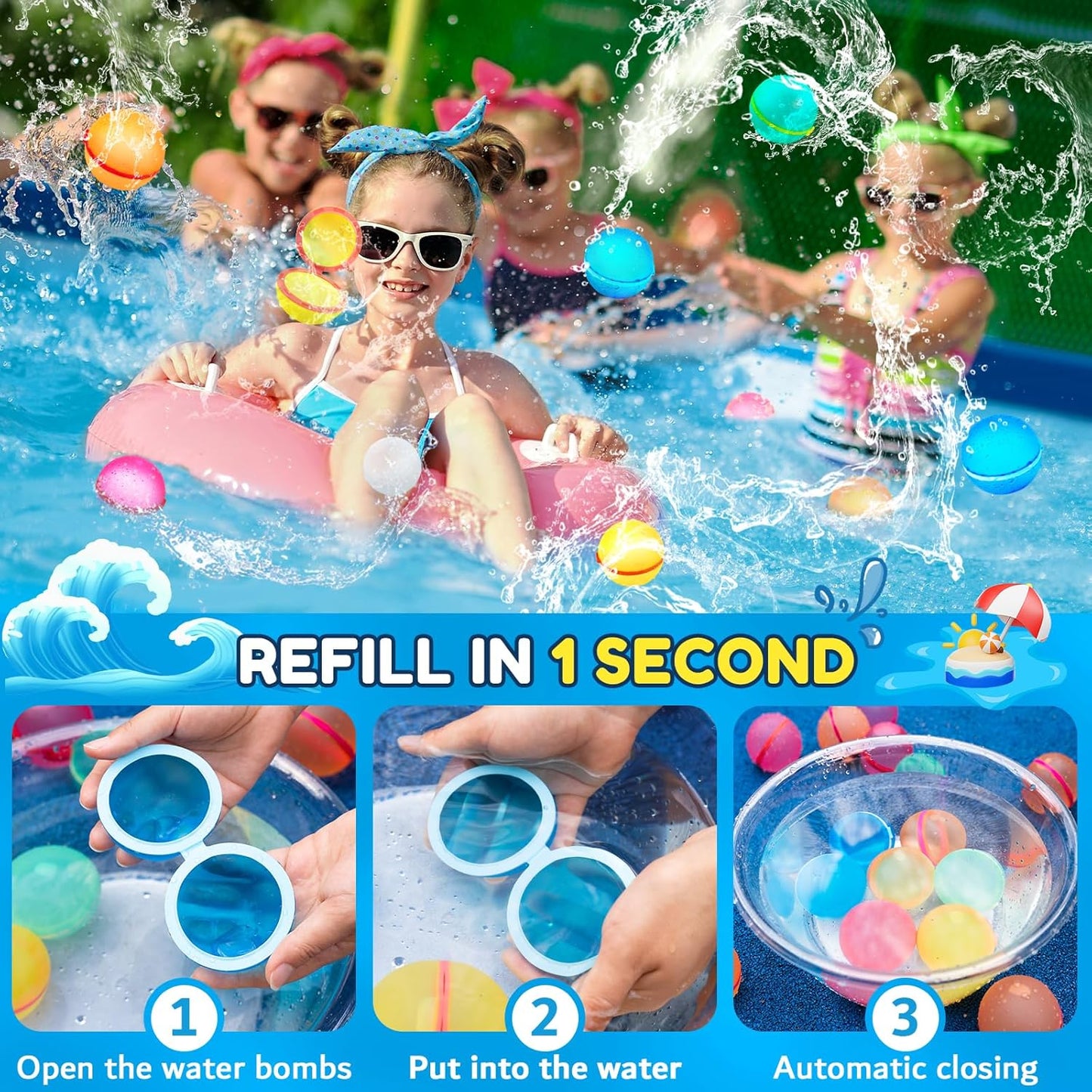 Reusable Silicone Water Balloons Set of 12 – Quick Fill Self-Sealing Magnetic Water Balls for Kids and Adults, Summer Outdoor Water Toys for Pool, Beach, and Backyard Games - PuriLite