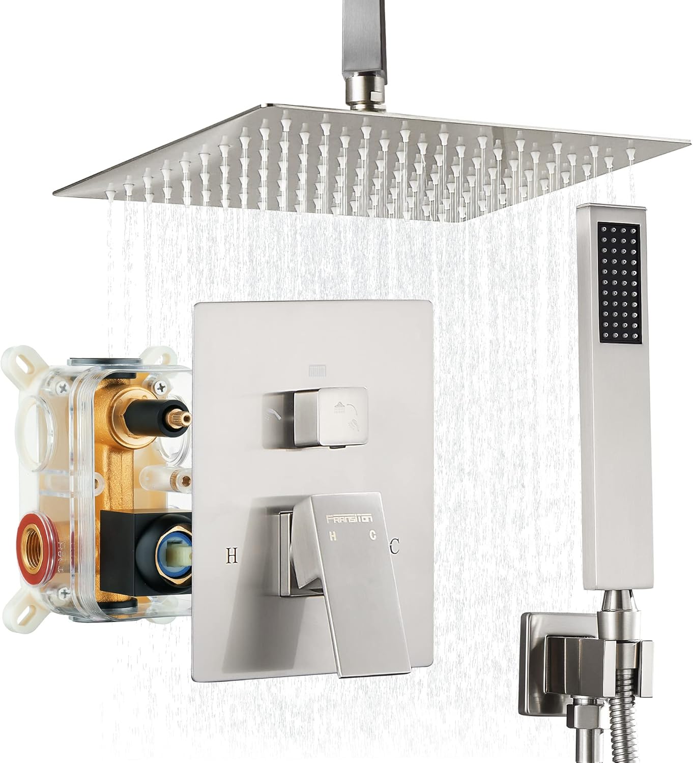 Fransiton Shower System Rain Shower System Set Ceiling Mounted, Rainfall Shower Head with Handheld, Bathroom Shower Kit (Valve Included) (8" - Wall Mount, Matte Black)