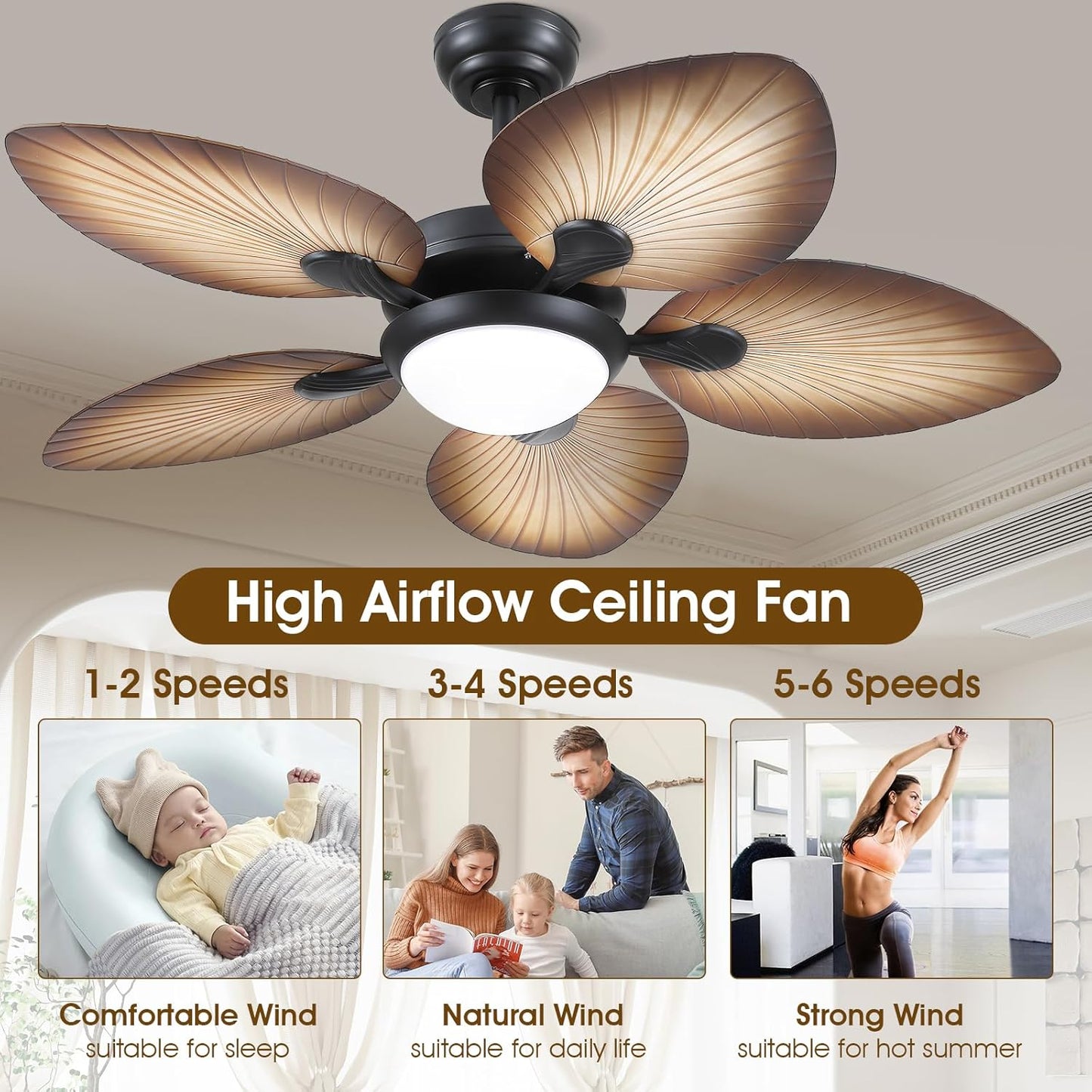 Wiviniya Ceiling Fans with Lights and Remote/APP Control, 44 Inch Tropical Palm Leaf Ceiling Fan with LED Lights, Outdoor Ceiling Fans for Patios Porch, Reversible Quiet Motor, Dimmable, Light Brown