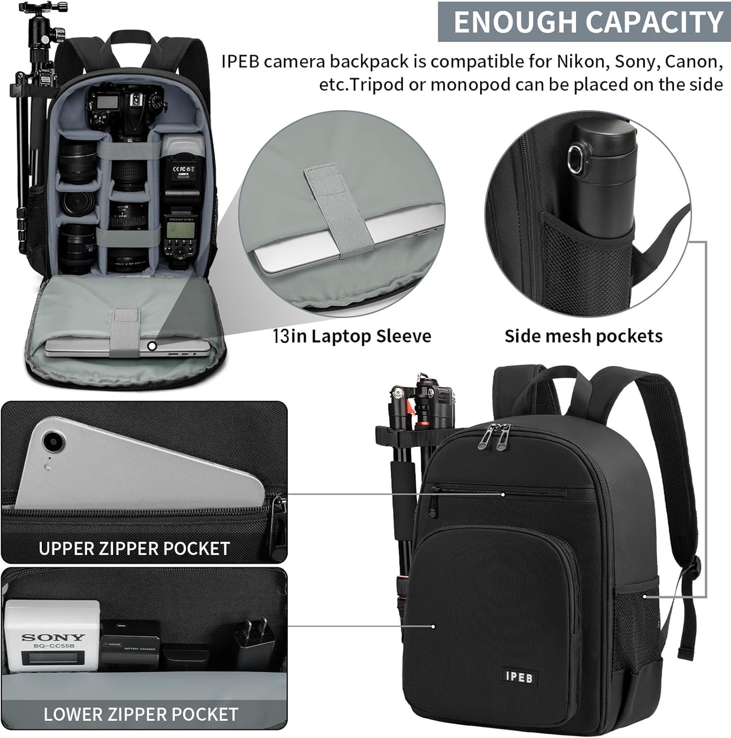 IPEB Camera Backpack Bag with Tripod Holder Water Resistant Camera Cases Photography Backpack Anti-Theft for DSLR Camera