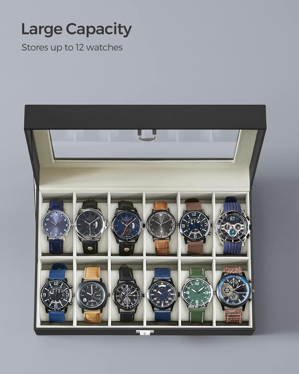 SONGMICS Watch Box, 6-Slot Watch Case, Watch Box Organizer, Black Synthetic Leather, Greenish Gray Lining UJWB06BK
