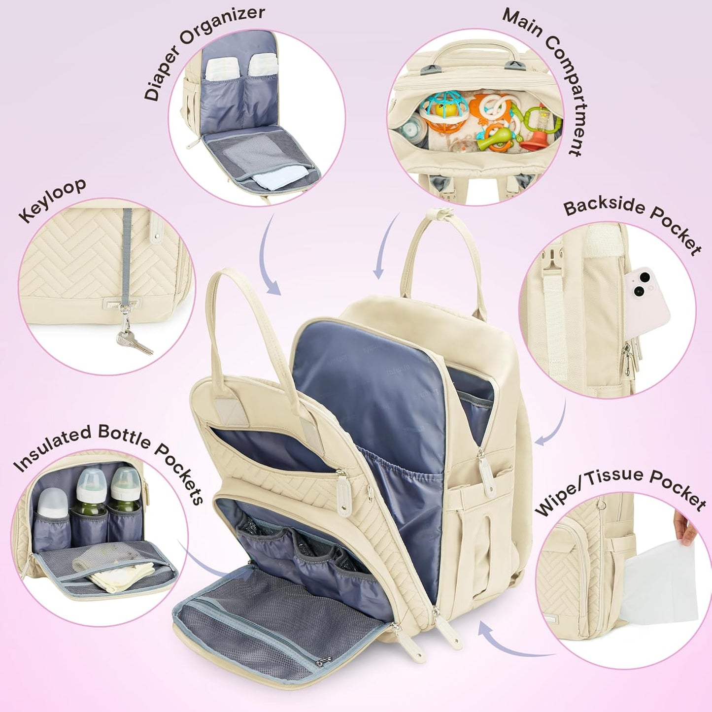 Diaper Bag Backpack, iniuniu Large Baby Bags with Diaper Pouch, Washable Changing Pad, Pacifier Case and Stroller Straps