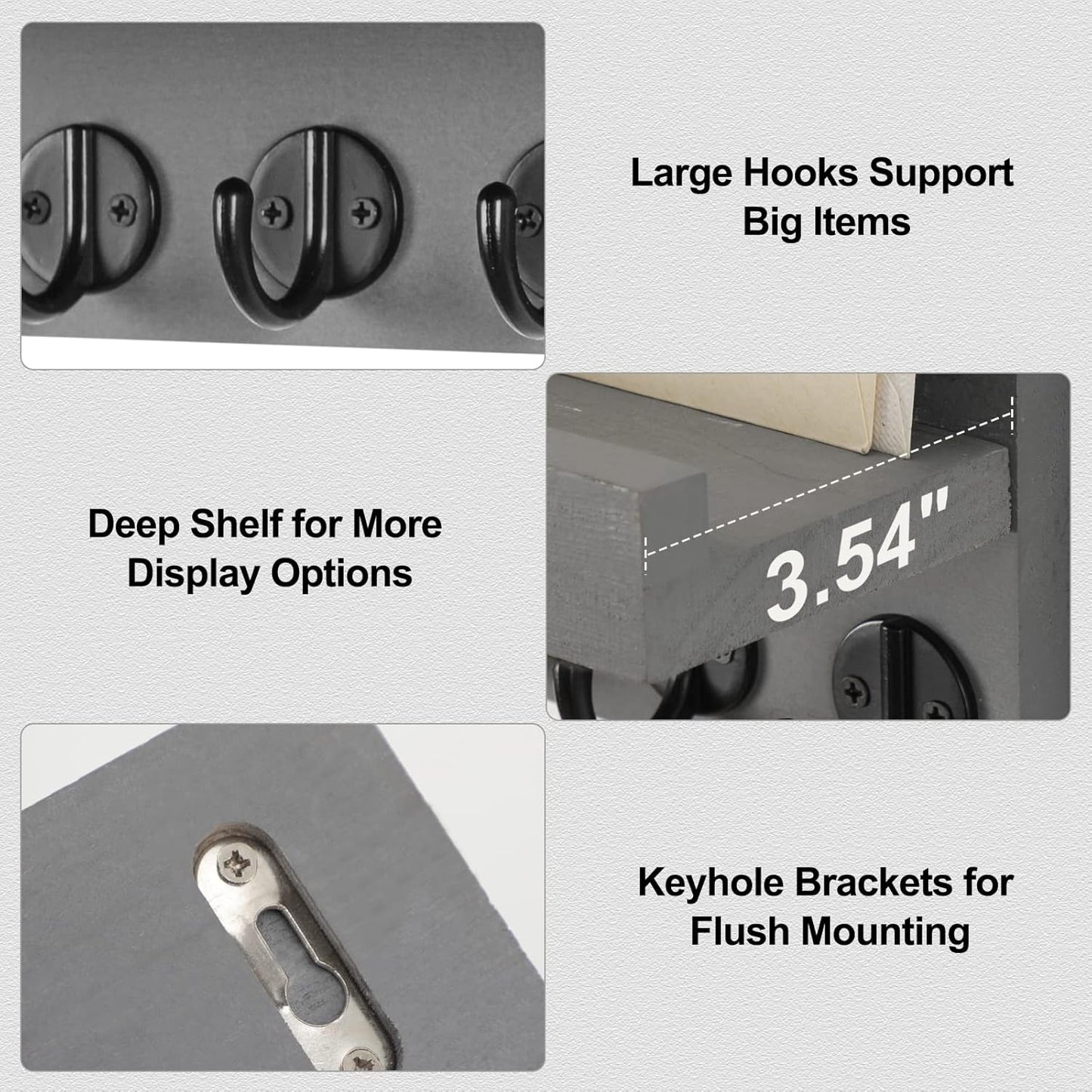 Lwenki Key Holder for Wall, Decorative Key and Mail Holder with Shelf Has Large Key Hooks for Bags, Coats, Umbrella – Paulownia Wood Key Hanger with Mounting Hardware (Black)