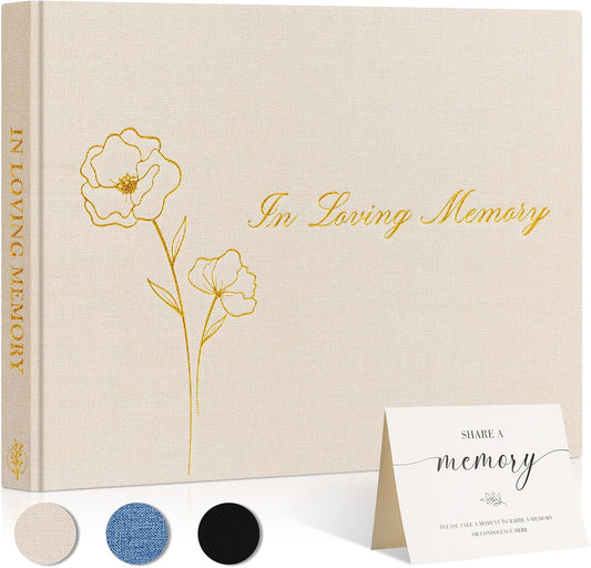 Lanpn Funeral Guest Book for Loving Memory, Linen Memorial Service Registry Guest Book, Funeral Favors Sign in Books for Guests, Celebration of Life Memory Book for Funeral with Table Sign, Beige - PuriLite