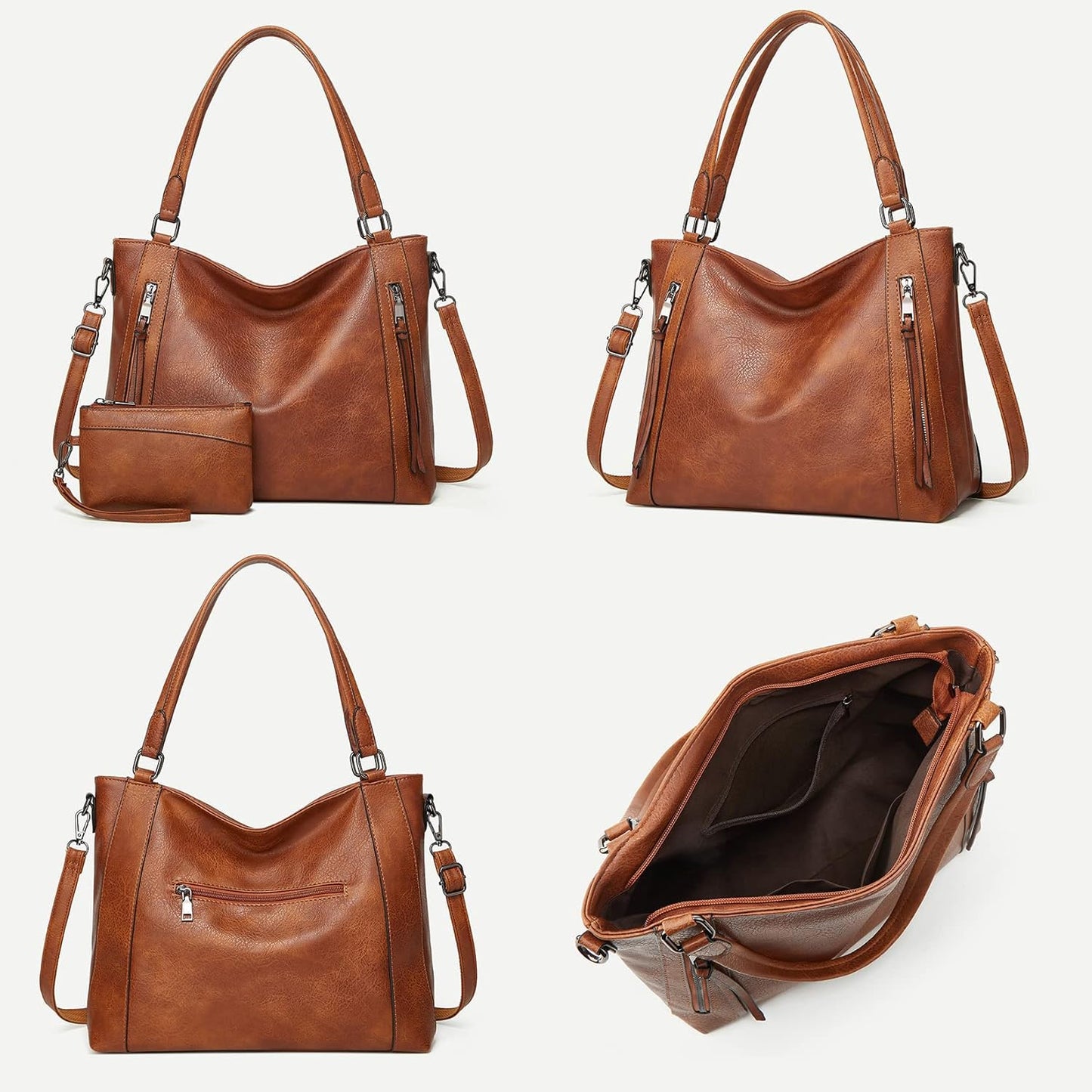 Hobo Bags for Women Handbags Purse Ladies Boho Shoulder Bag Crossbody Purses PU Leather Brown 2PCS