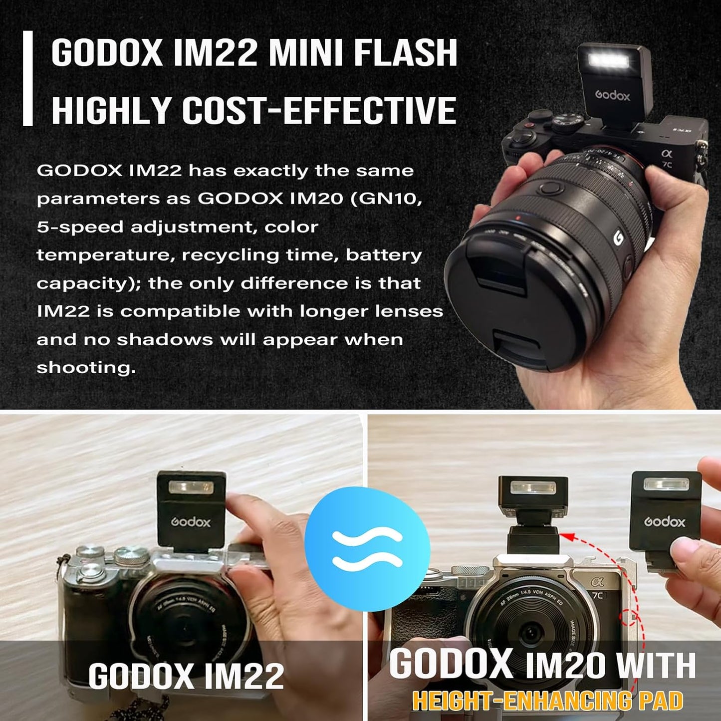 Godox Flash Godox iM22 Mini Camera Flash - GN10/470 mAh/Type-c Charge/440 Full-Power Flashes/3s Recycle Times/5 Power Levels/Manual, Camera Flash for Sony zv1/Sony zve10/Ricoh gr3/Fujifilm f1 etc.