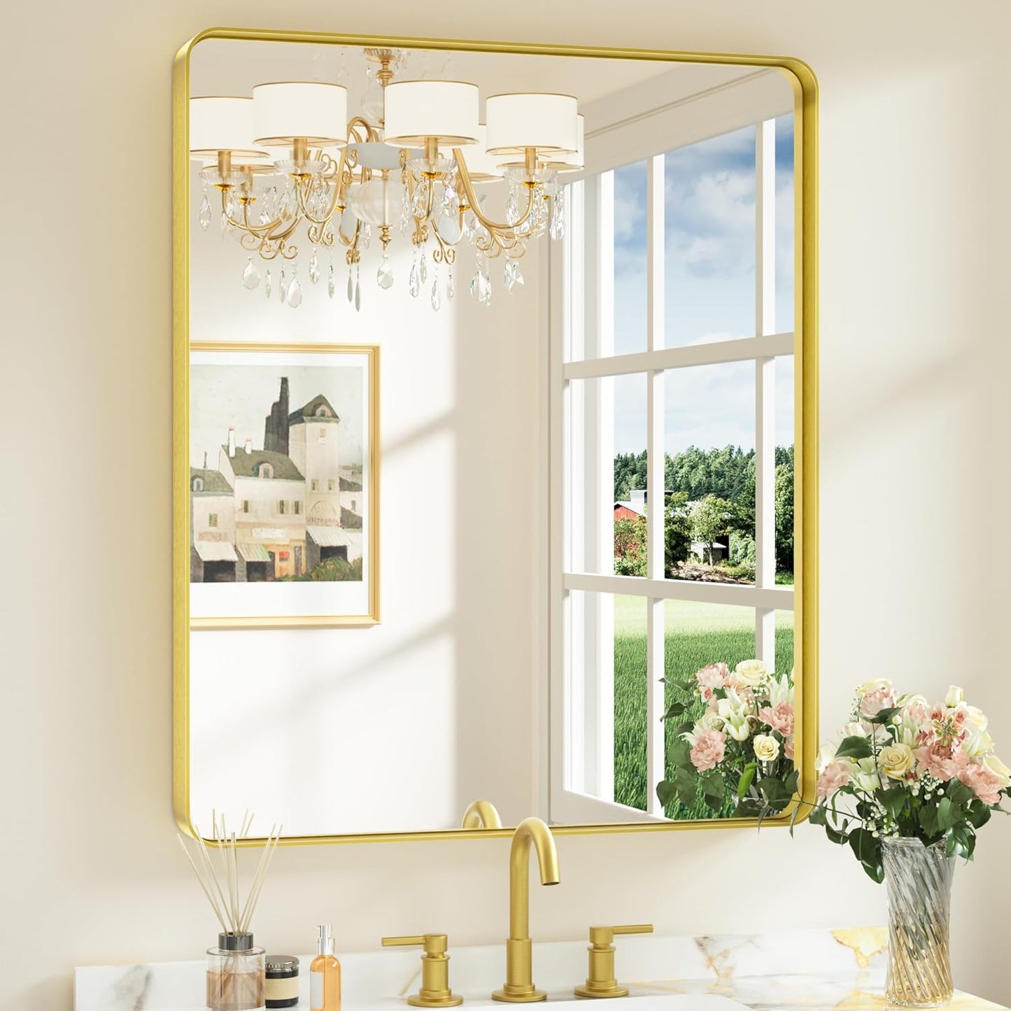 Keonjinn 42 x 36 Brushed Nickel Bathroom Vanity Mirror, Large Rounded Rectangle Bathroom Mirrors for over Sink, Metal Framed Silver Mirror for Wall, Shatterproof HD Tempered Glass(Horizontal/Vertical)