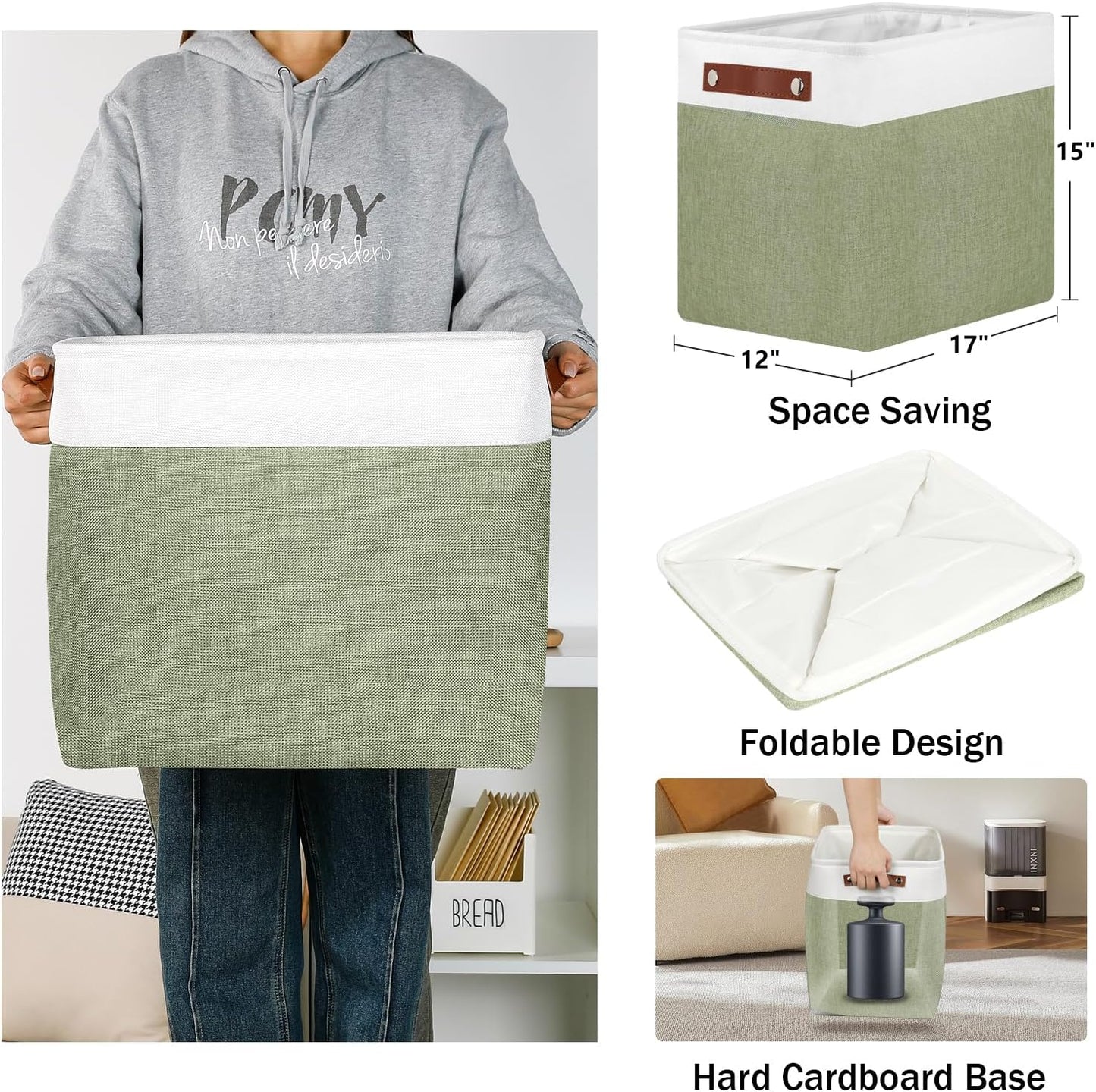 DULLEMELO Storage Baskets for Shelves, Fabric Collapsible Rectangular Storage Bins for Shelves, Closets, Nursery, Home, Office, Empty Gift Baskets (White&Teal)