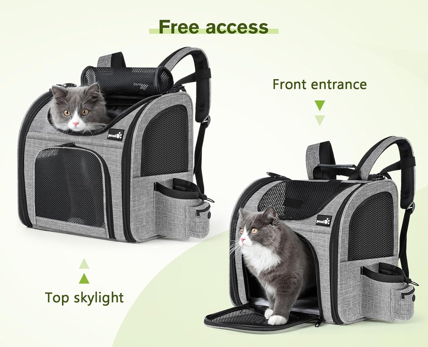 Pecute Cat Backpack with Breathable Mesh, Dog Backpack Carrier with Multi-Pockets for Cats Puppies, Pet Backpack Carrier for Travel Hiking Camping Outdoor (Gray)